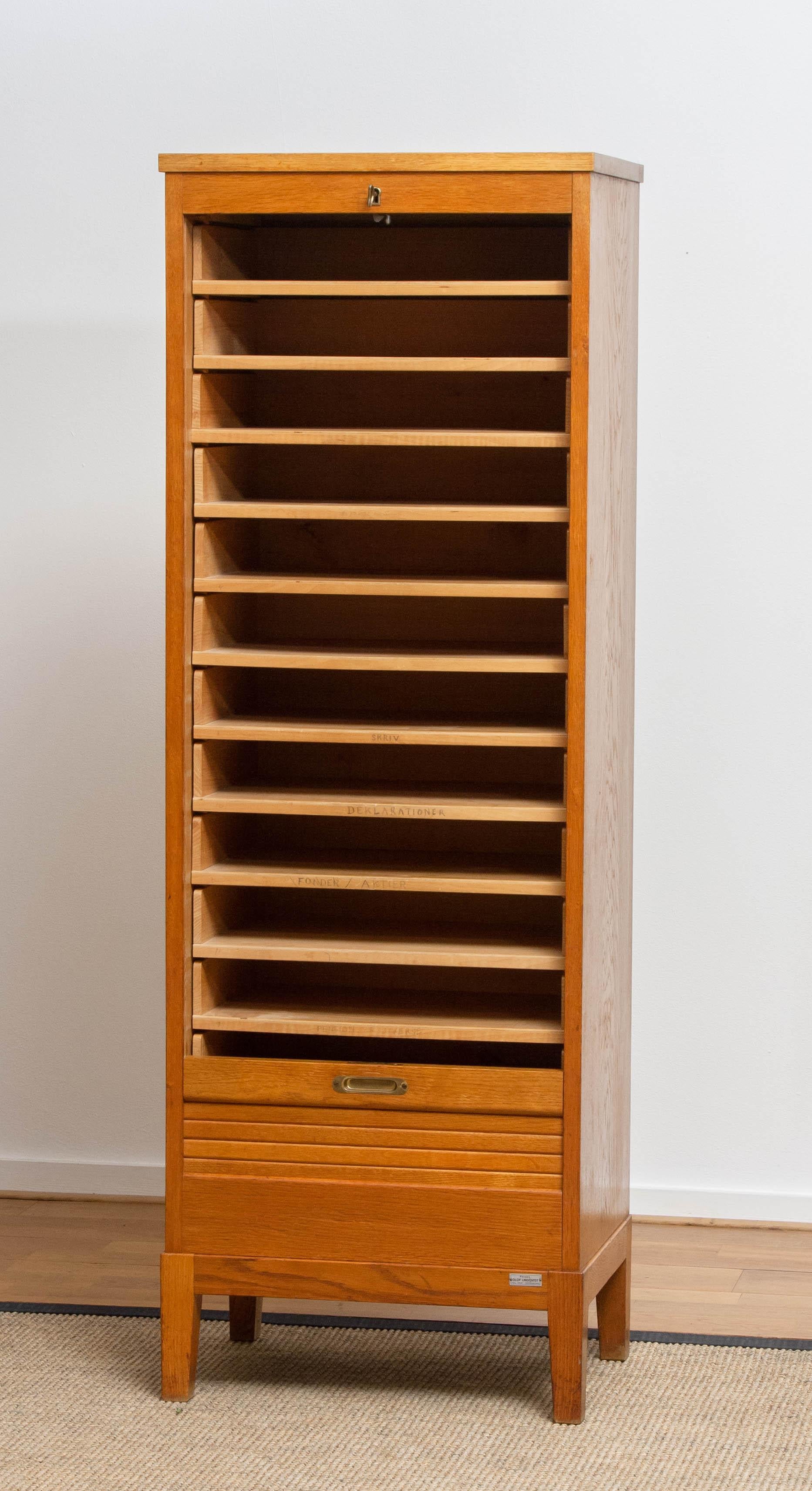 1950s, Swedish Up Right Oak Tambour Files / Archive Cabinet by Olof Lundqvist 8