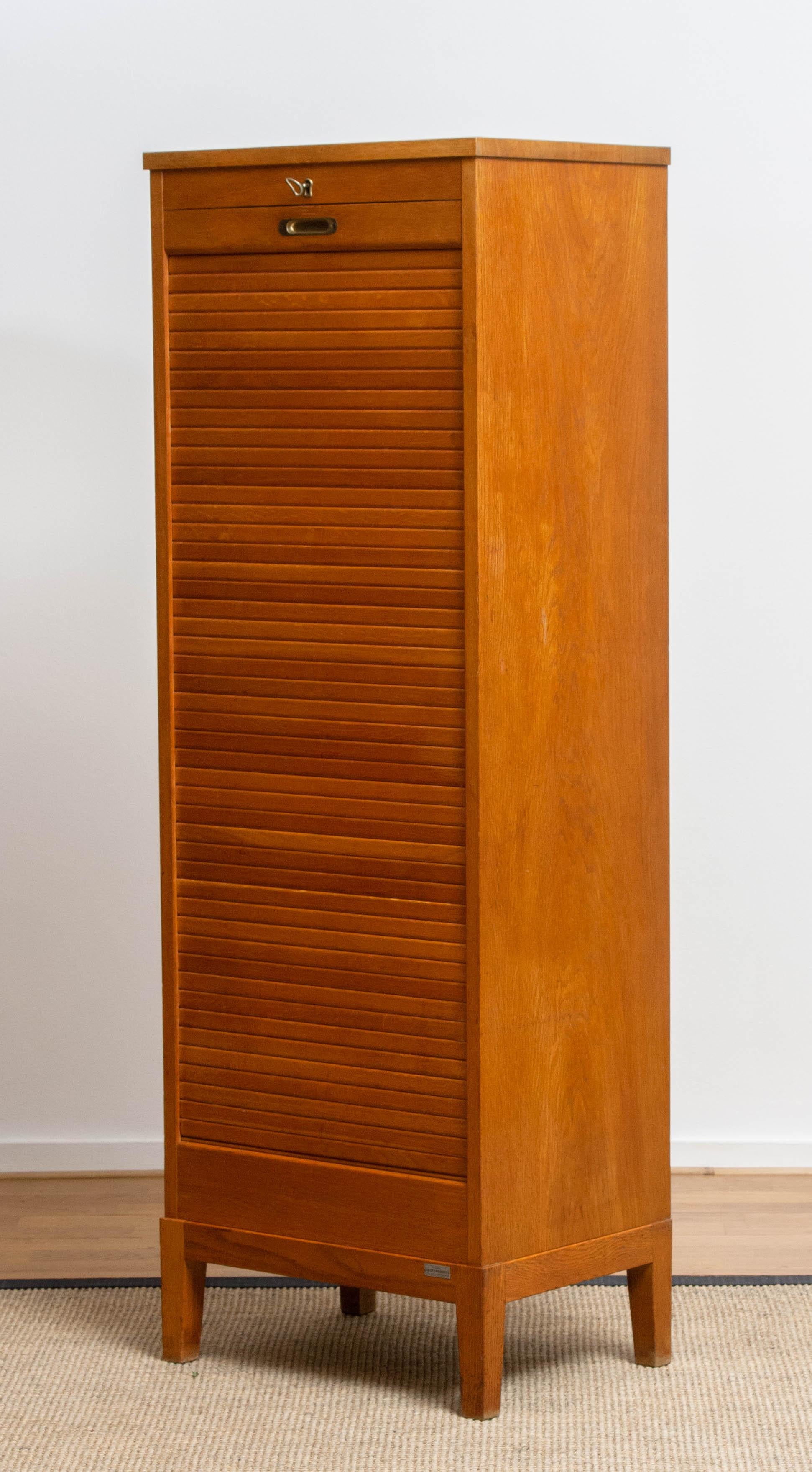 Beech 1950s, Swedish Up Right Oak Tambour Files / Archive Cabinet by Olof Lundqvist