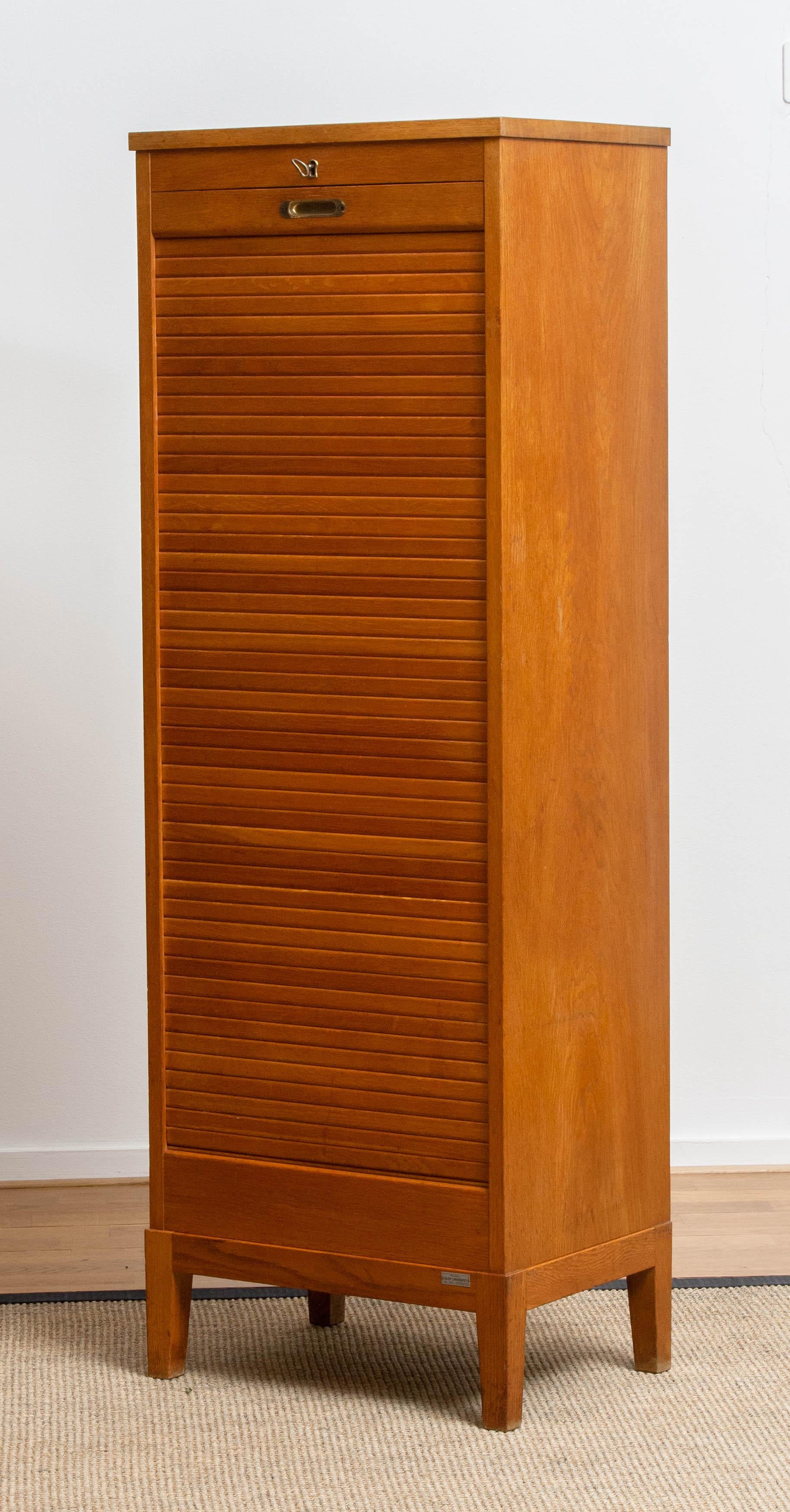 1950s, Swedish Up Right Oak Tambour Files / Archive Cabinet by Olof Lundqvist 1