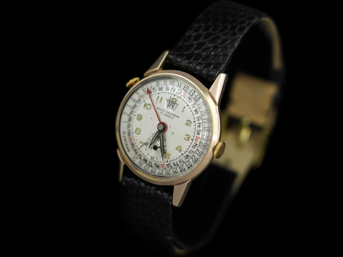 1950's SWISS DATE-O-GRAPH Vintage Herren Dreifach-Datums-Kalender - 18K Gold plattiert im Zustand „Gut“ im Angebot in Suwanee, GA
