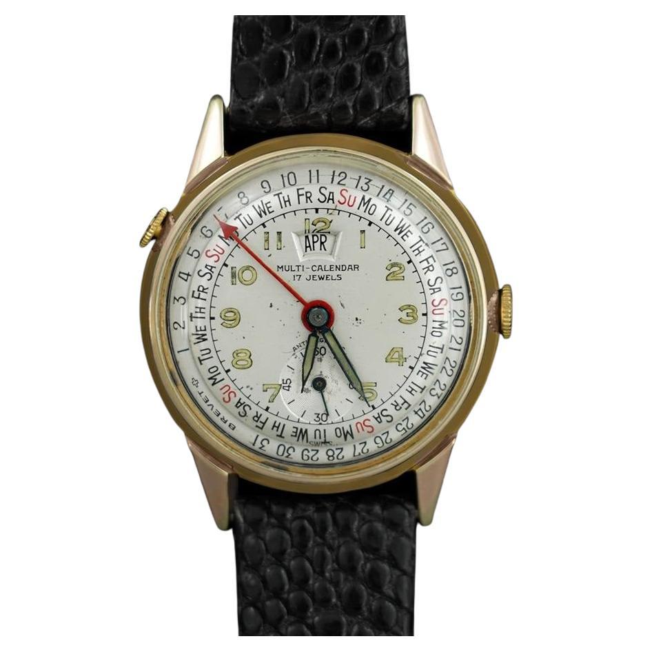 1950's SWISS DATE-O-GRAPH Vintage Herren Dreifach-Datums-Kalender - 18K Gold plattiert im Angebot
