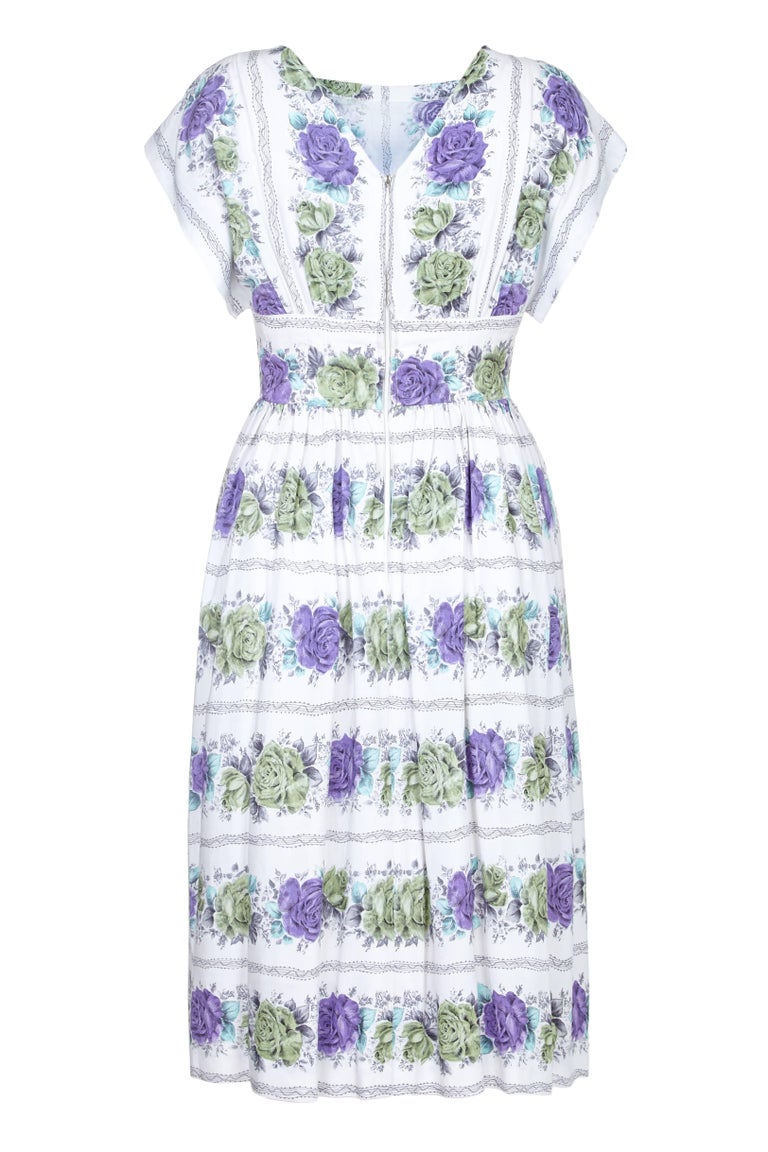 Vintage 1950s White Floral Rose Cotton Maxi Dress