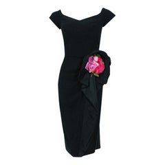 Vintage 1950's Syano Black Silk Sculpted Pink-Roses Applique Peplum Cocktail Dress