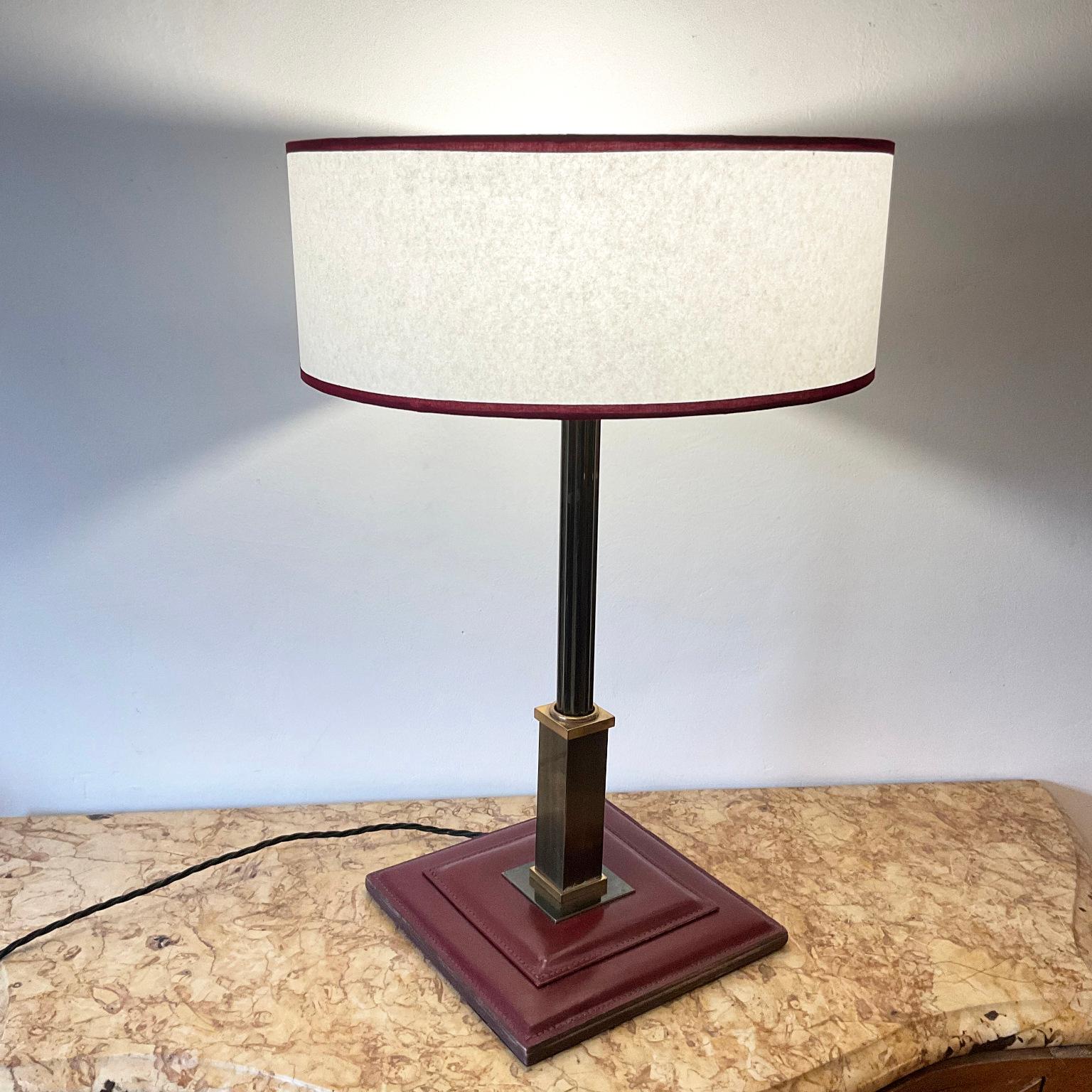 French 1950s Table Lamp Attributed to Maison Longchamp France in Burgundy Leather