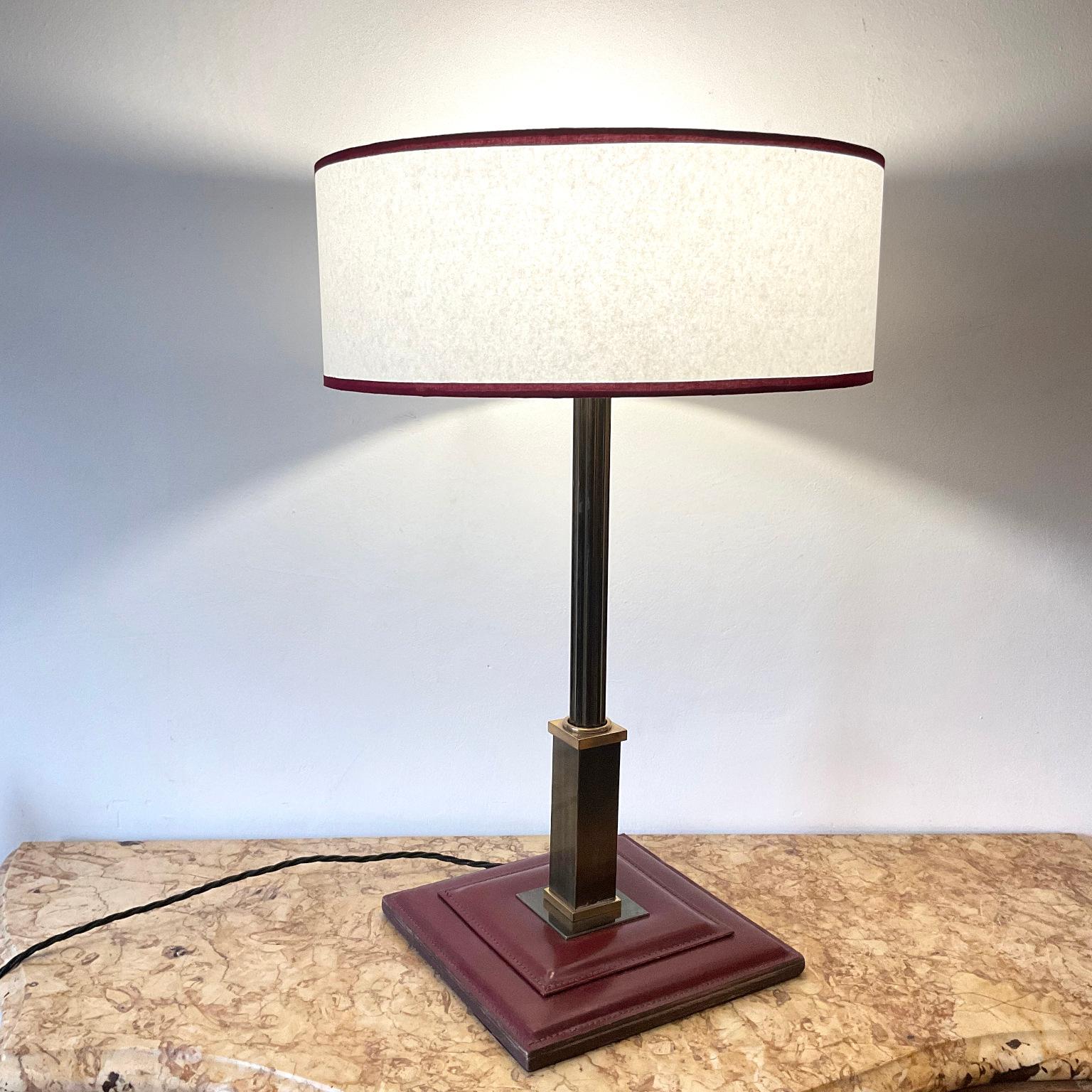 Brass 1950s Table Lamp Attributed to Maison Longchamp France in Burgundy Leather