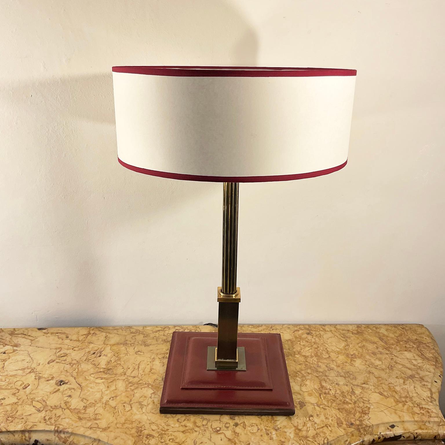 1950s Table Lamp Attributed to Maison Longchamp France in Burgundy Leather 1