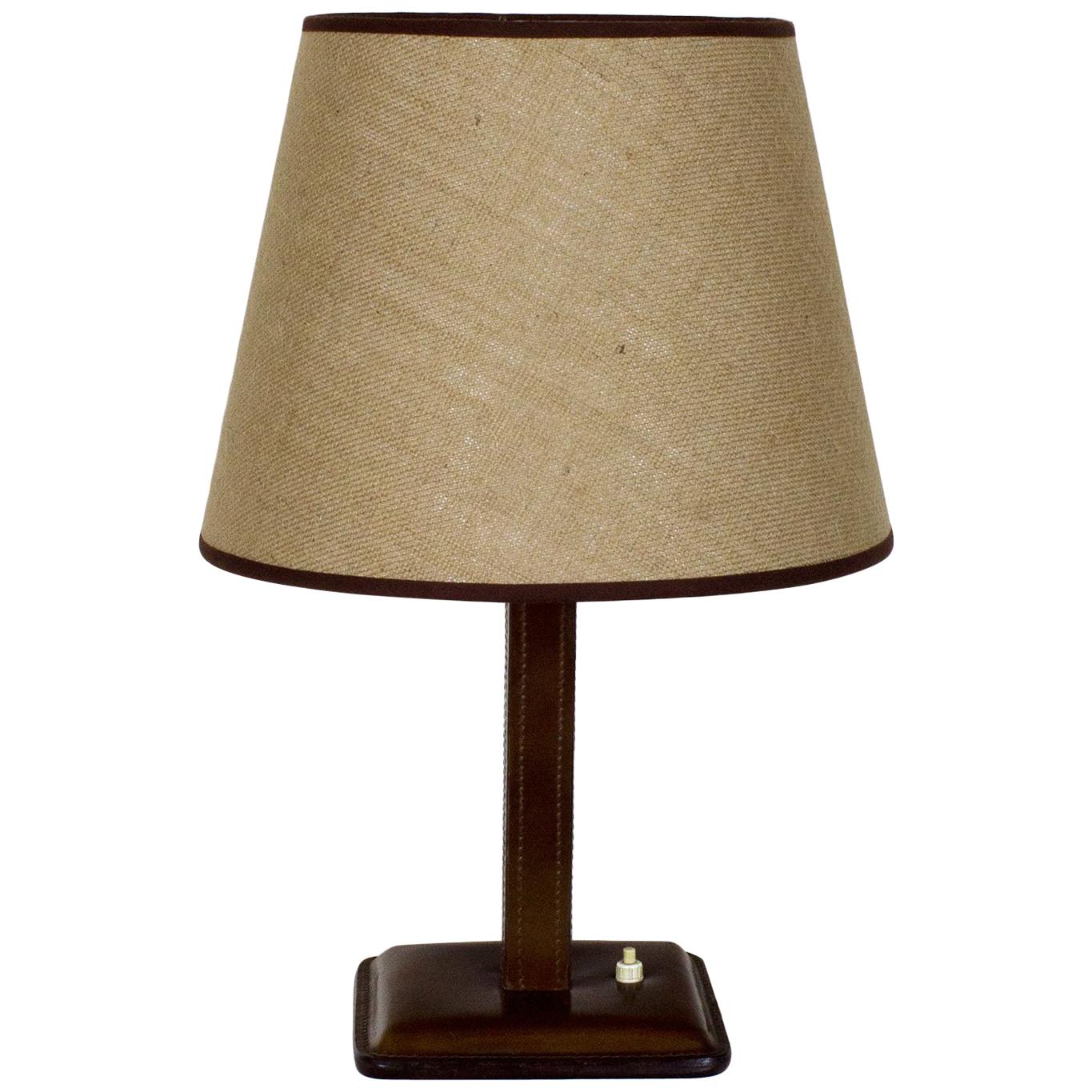 1950s Table Lamp, Leather, Light Thread Sewing, Jute Lampshade, Spain