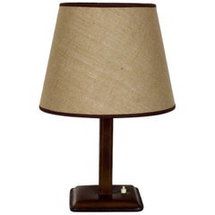 1950s Table Lamp, Leather, Light Thread Sewing, Jute Lampshade, Spain