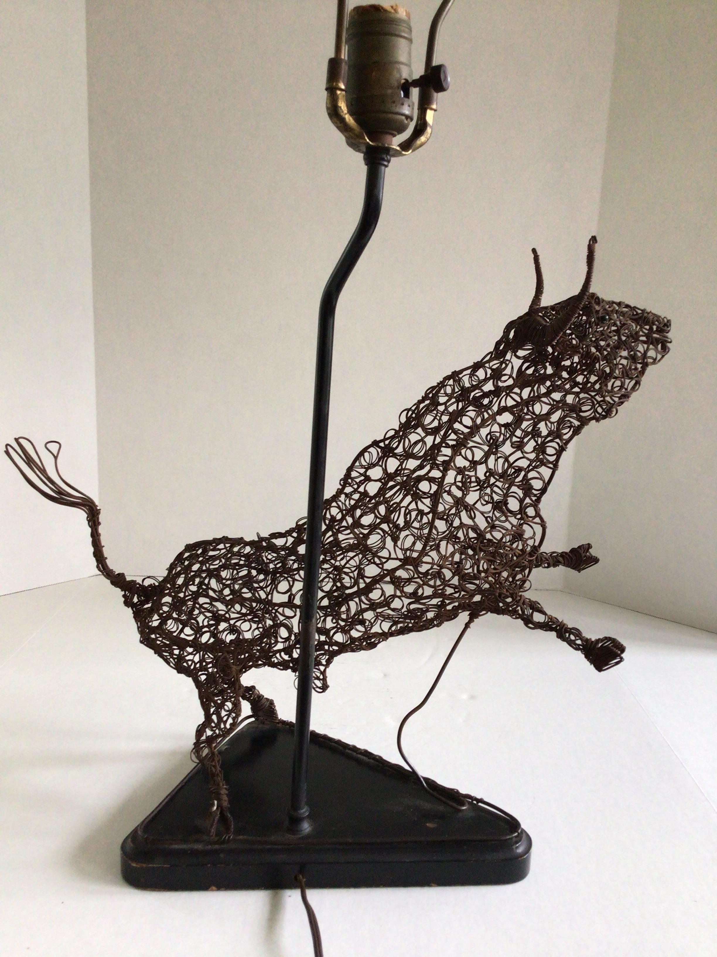 Mid-20th Century 1950s Table Lamp of Abstract Twisted Wire Sculpture of a Bull on Wood Base For Sale