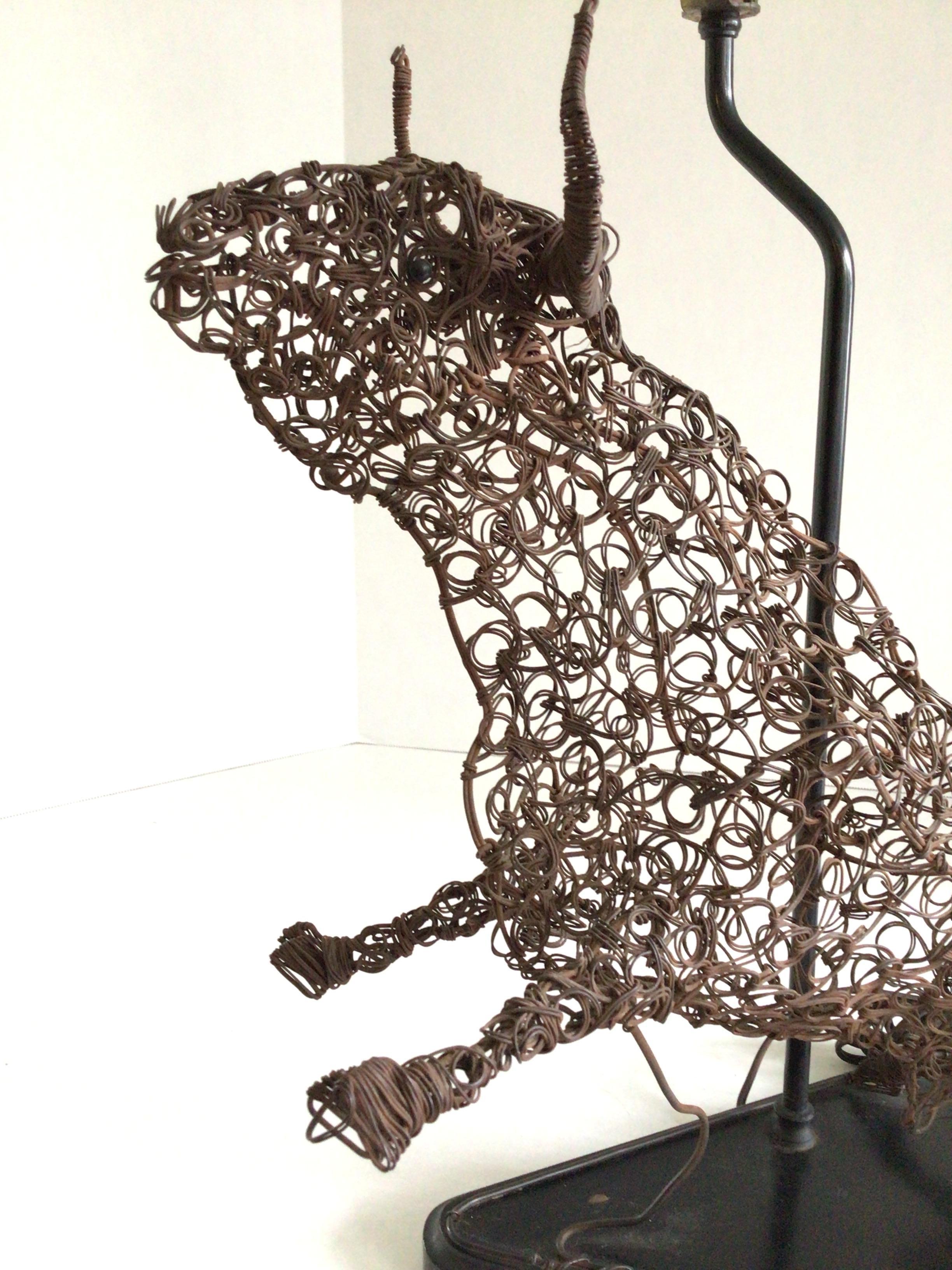 1950s Table Lamp of Abstract Twisted Wire Sculpture of a Bull on Wood Base For Sale 1