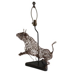 Vintage 1950s Table Lamp of Abstract Twisted Wire Sculpture of a Bull on Wood Base