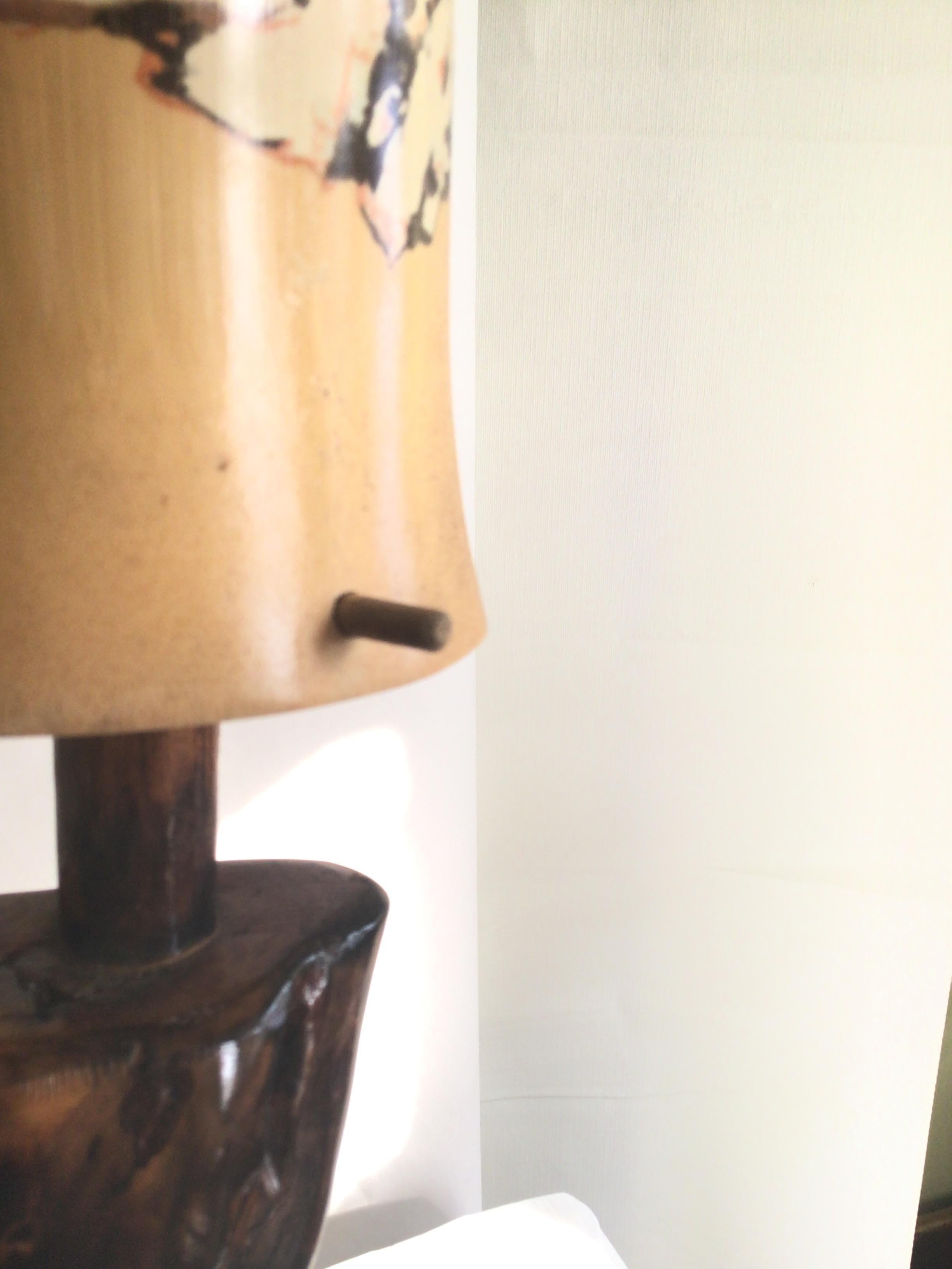 1950s Table Lamp with Driftwood Base and Painted Bamboo Shade For Sale 8