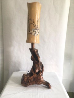 1950s Table Lamp with Driftwood Base and Painted Bamboo Shade