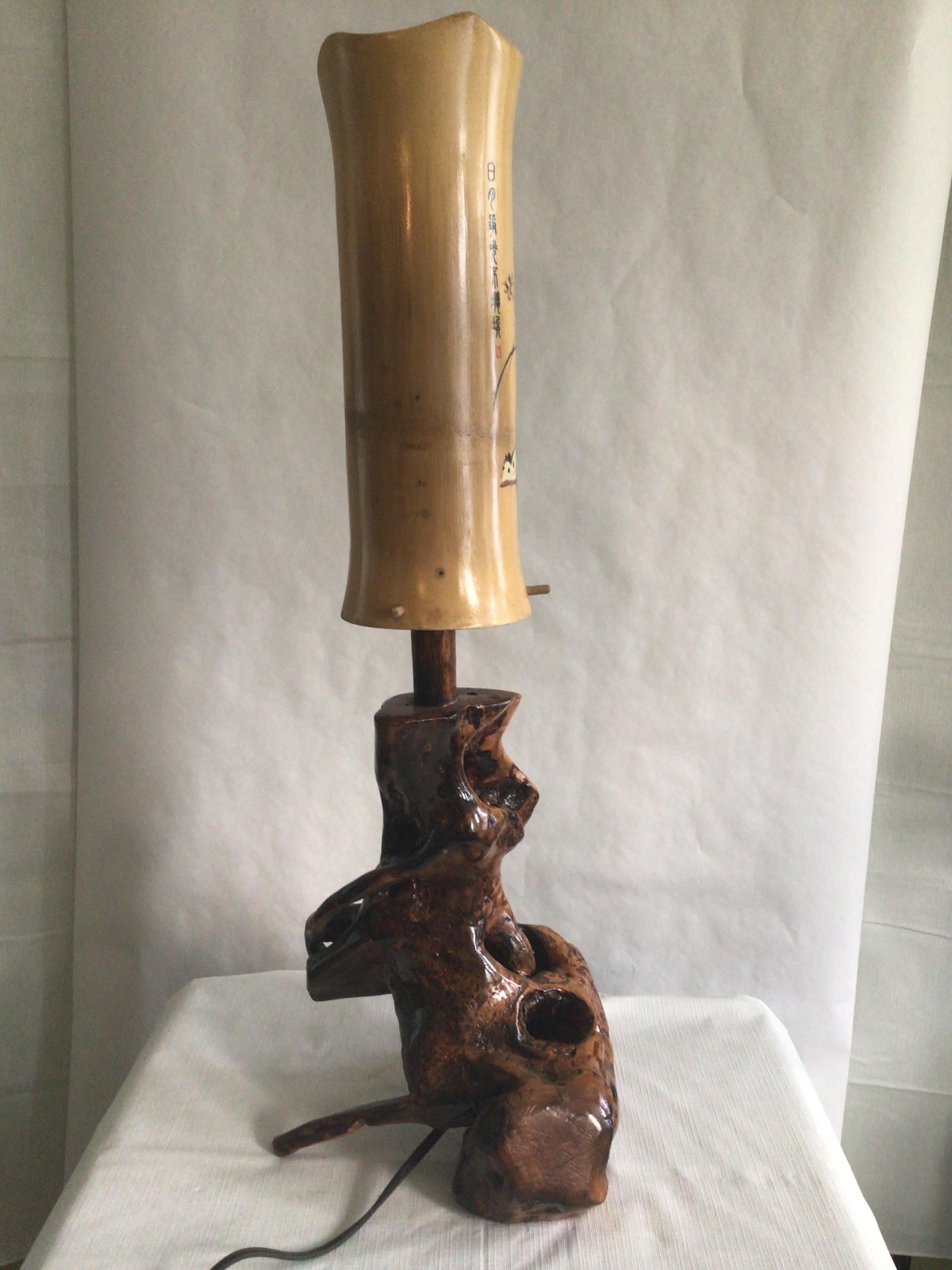Mid-20th Century 1950s Table Lamp with Driftwood Base and Painted Bamboo Shade For Sale