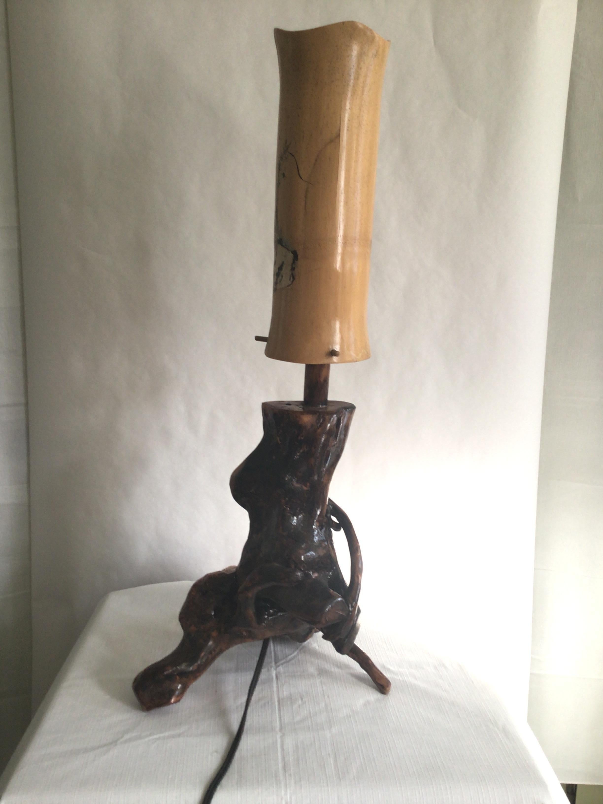 1950s Table Lamp with Driftwood Base and Painted Bamboo Shade For Sale 1