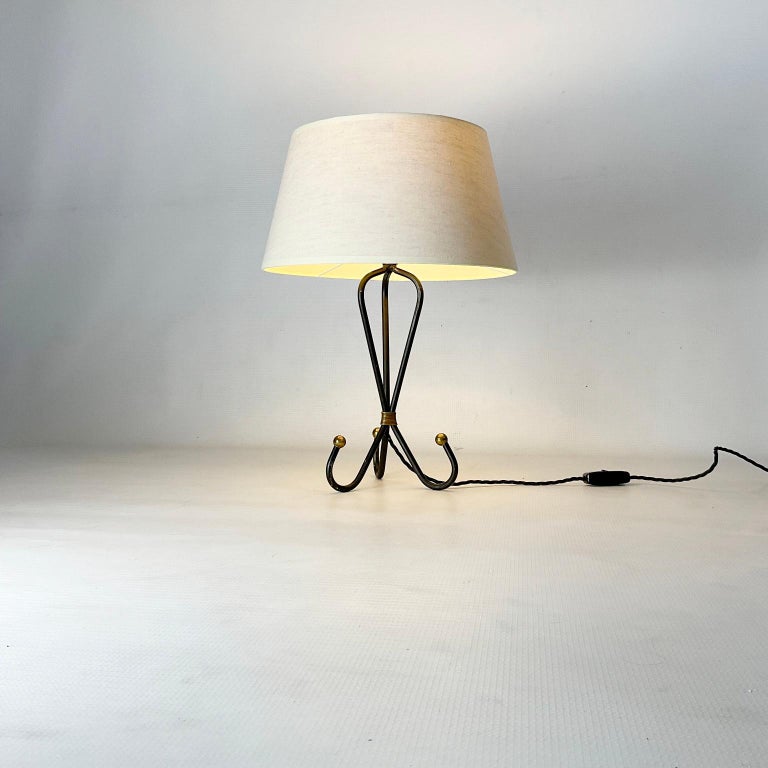 Cast 1950s Table Lamp Wrought Iron and Brass Finish For Sale