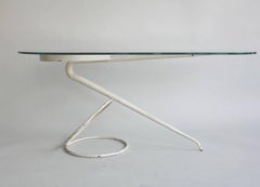 Vintage Midcentury Coffee Side Table Sculpture, Shaped White Metal and Glass Top