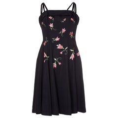 1950s Taffeta Embroidered Floral Black Cocktail Dress