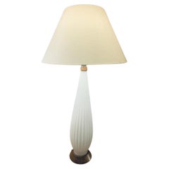 1950s Tall Alfredo Barbini Style Ribbed Opaque White Glass & Wood Table Lamp