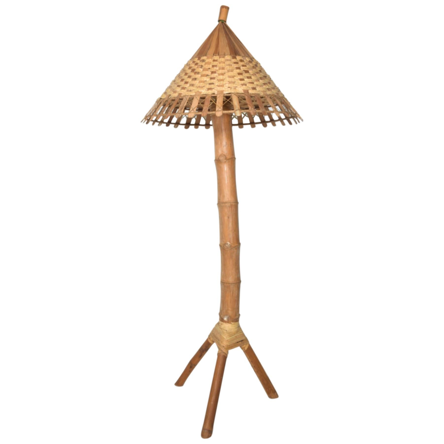 1950s Tall Bamboo Tripod Floor Lamp Woven Cone Shade Delightful Oriental Design