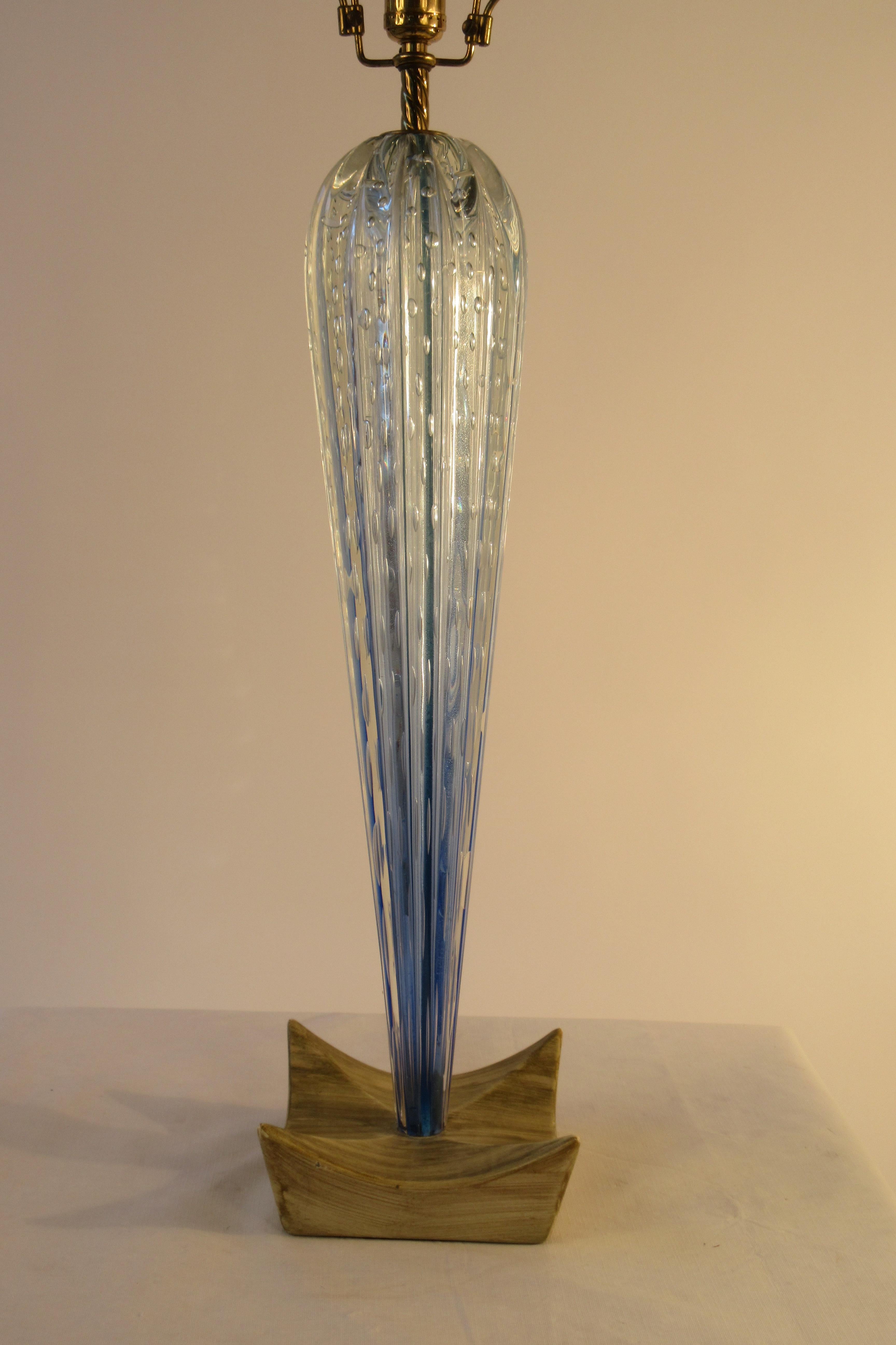 1950s tall blue Murano glass lamp on wood base.