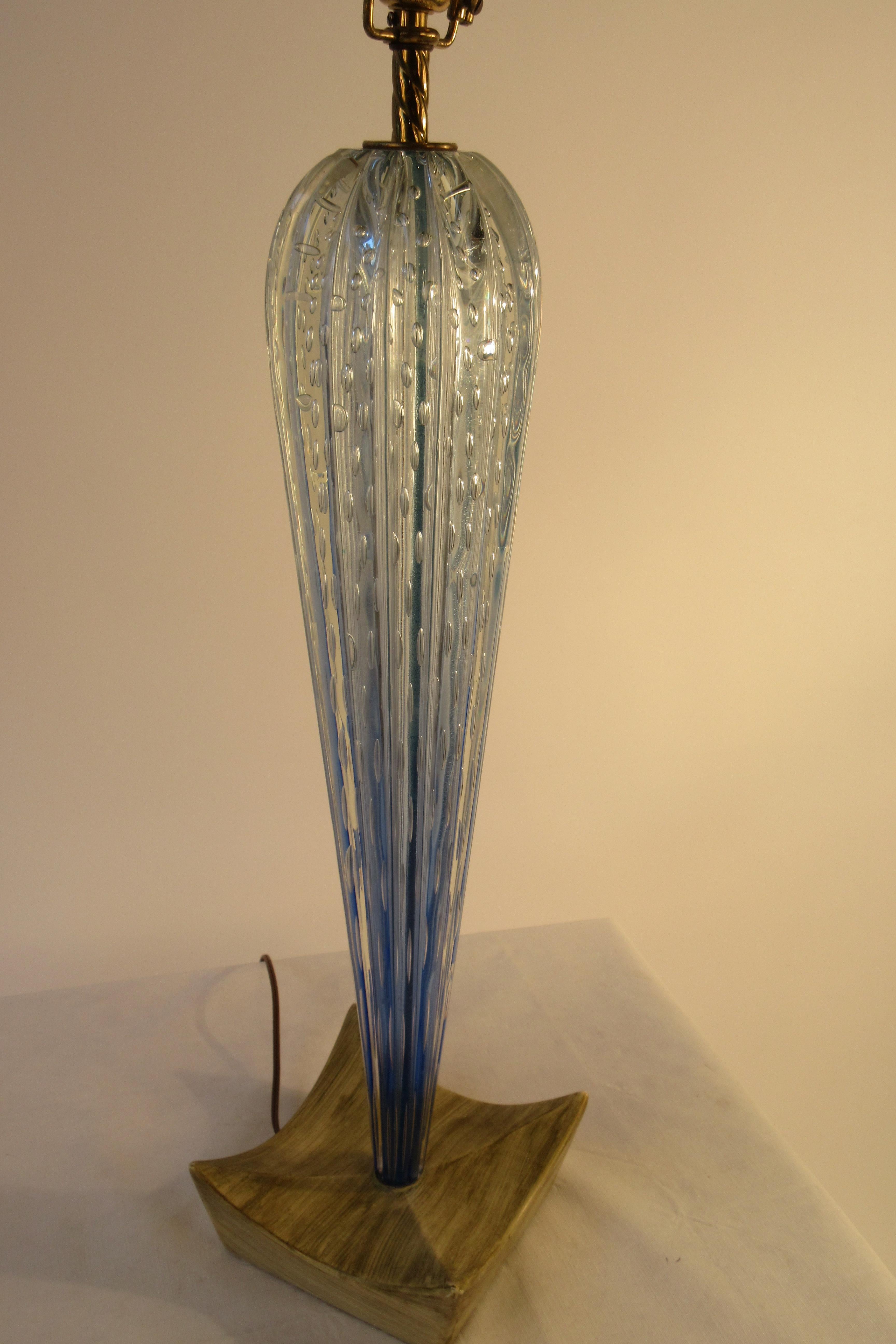 1950s Tall Blue Murano Glass Lamp on Wood Base In Good Condition In Tarrytown, NY