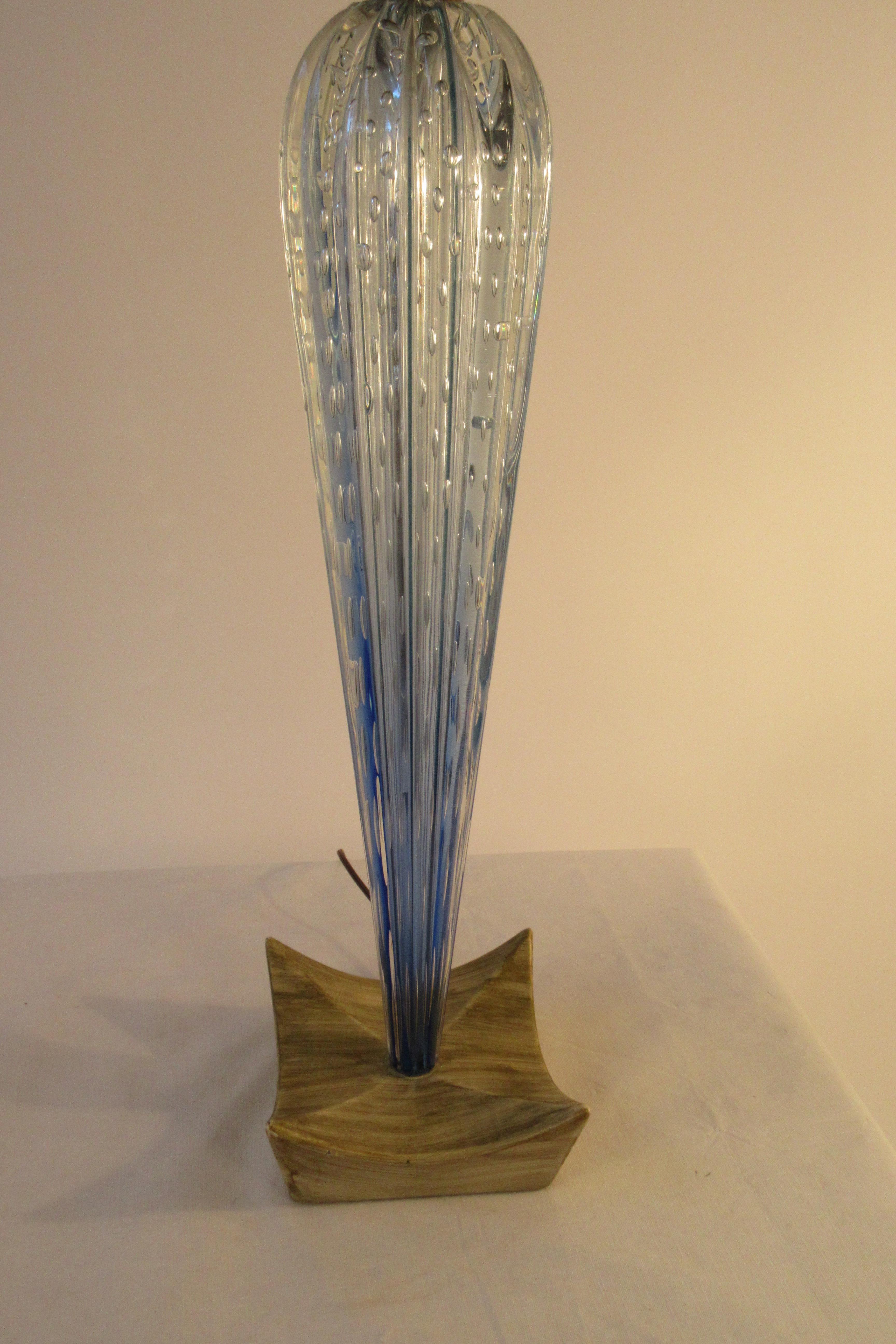 1950s Tall Blue Murano Glass Lamp on Wood Base 4