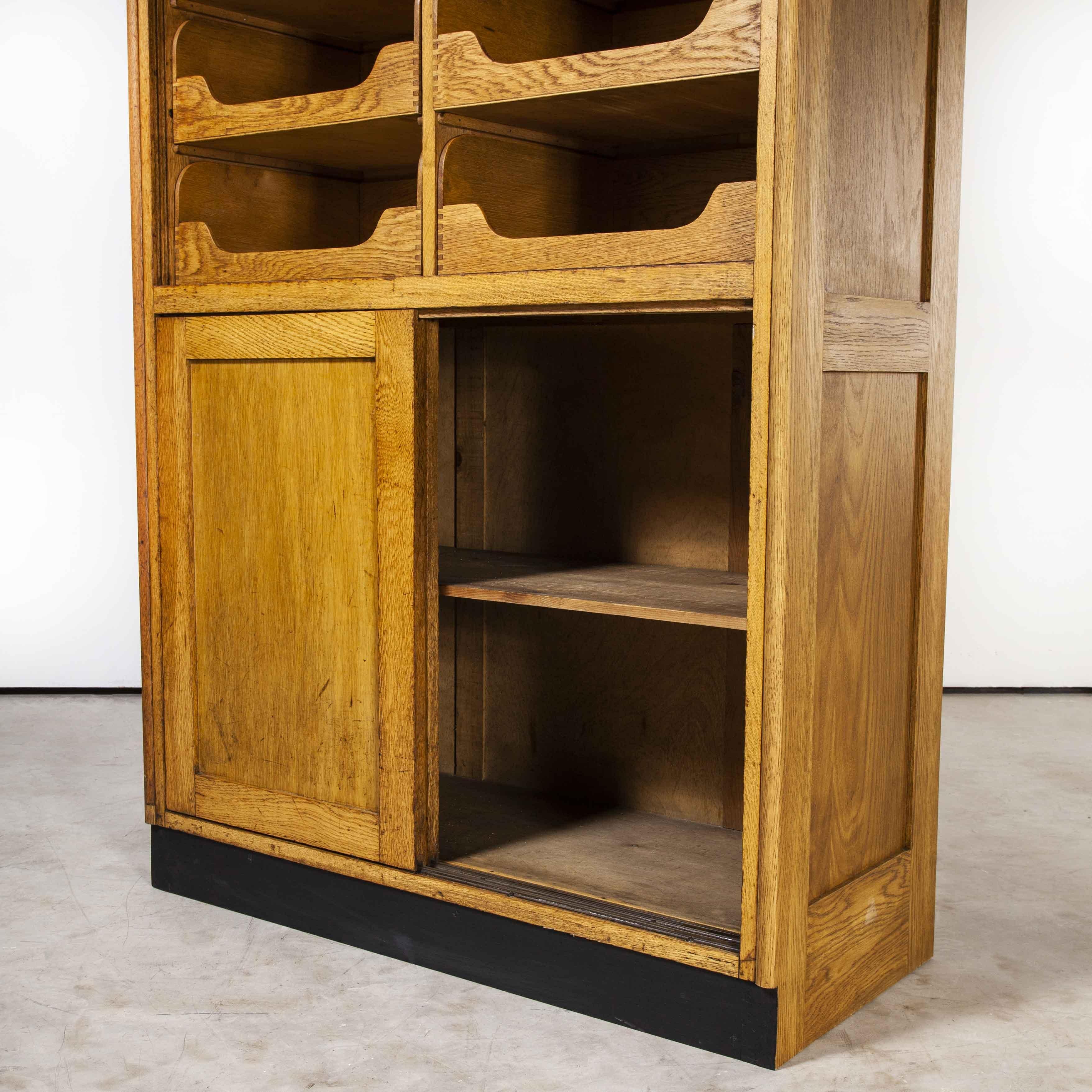Oak 1950's Tall English Haberdashery Shelved Cabinet, Sixteen Drawers