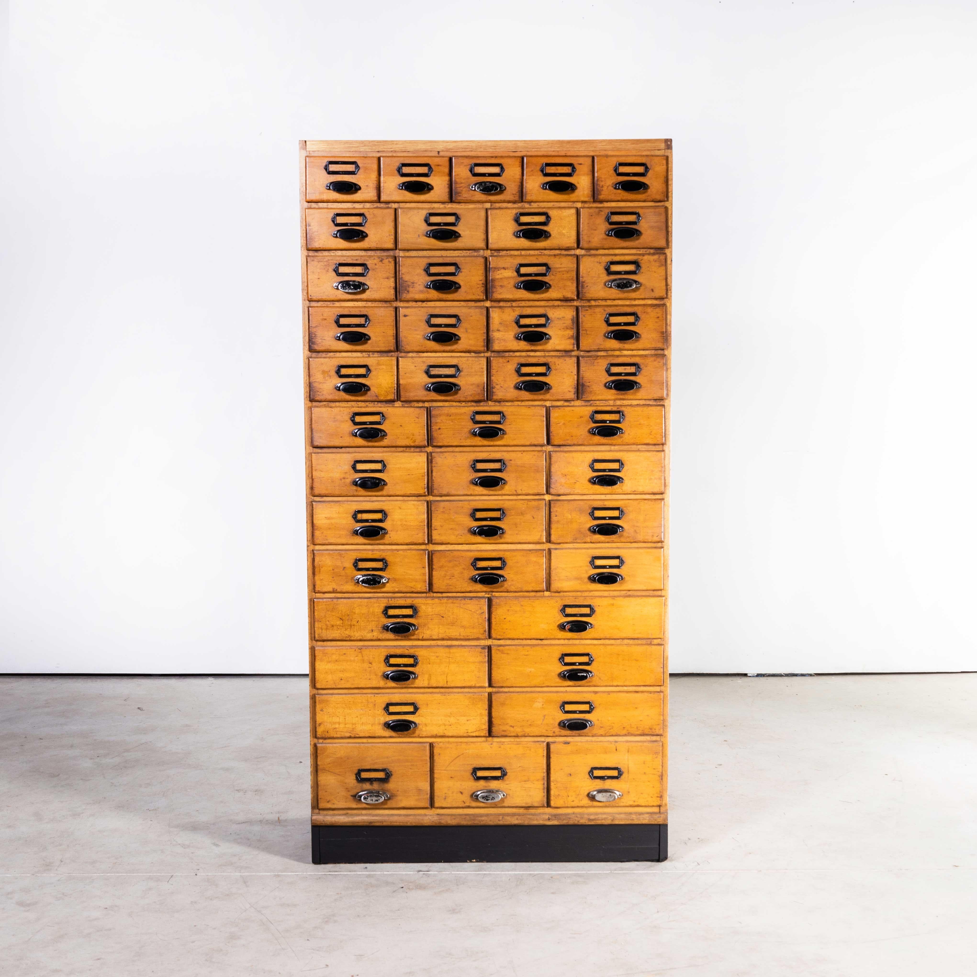 1950’s Tall printers workshop bank of drawers – forty two drawers
1950’s Tall printers workshop bank of drawers – forty two drawers. Beautifully made in solid beech throughout this is a high quality bank of drawers originally from a printers