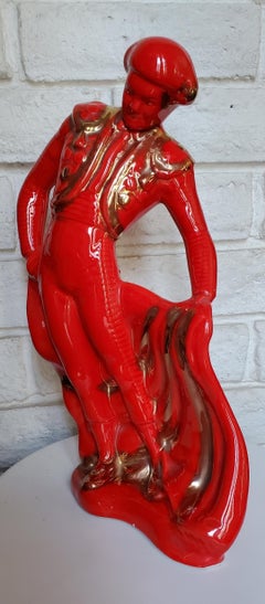 1950s Tall Red Glossy Ceramic Figurine Of A Matador Bullfighter Gilded Beautiful