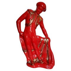 1950s Tall Red Glossy Ceramic Figurine Of A Matador Bullfighter Gilded Beautiful