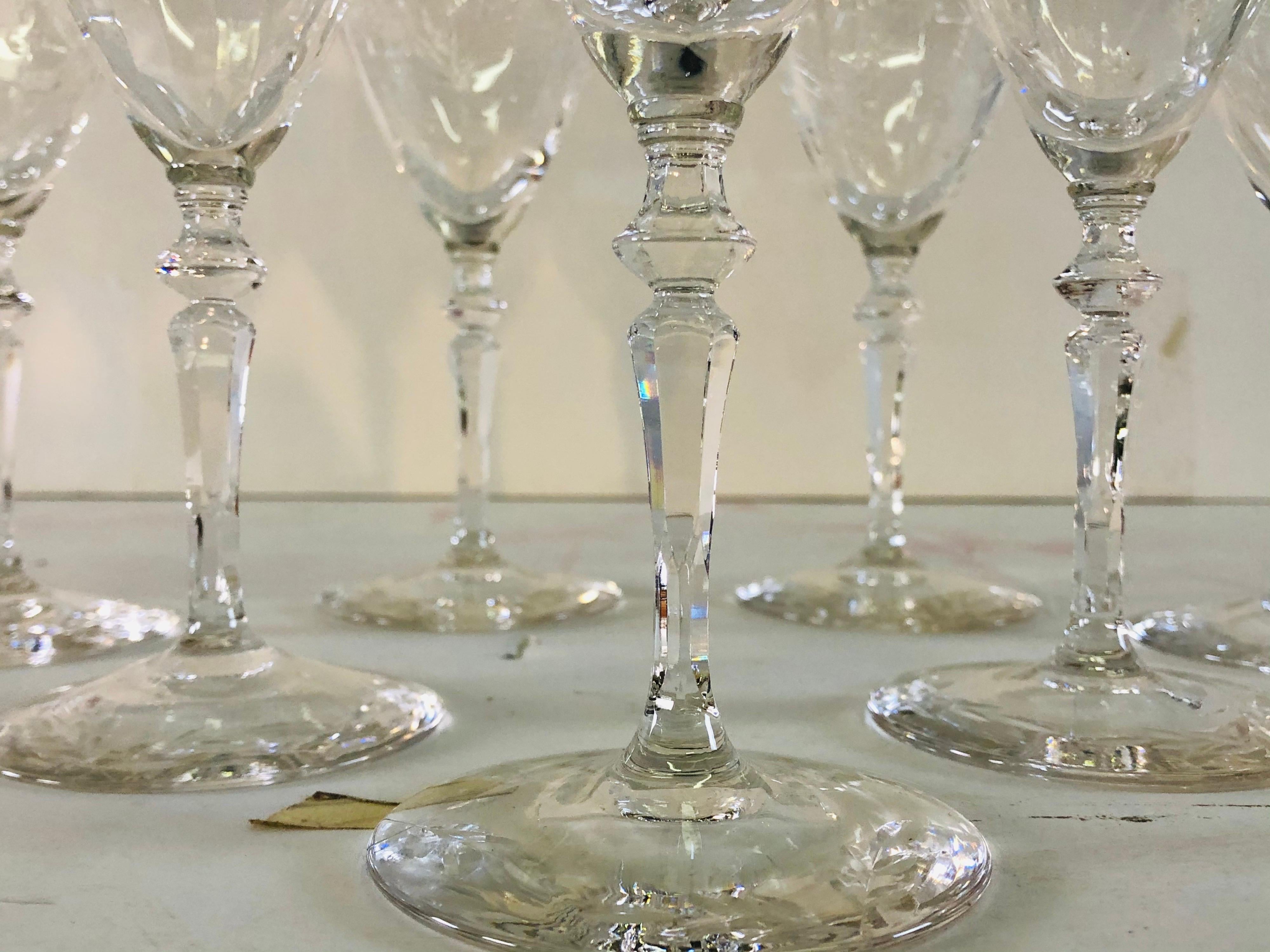 1950s Tall Wheel Cut Wine Stems, Set of 7 In Good Condition In Amherst, NH