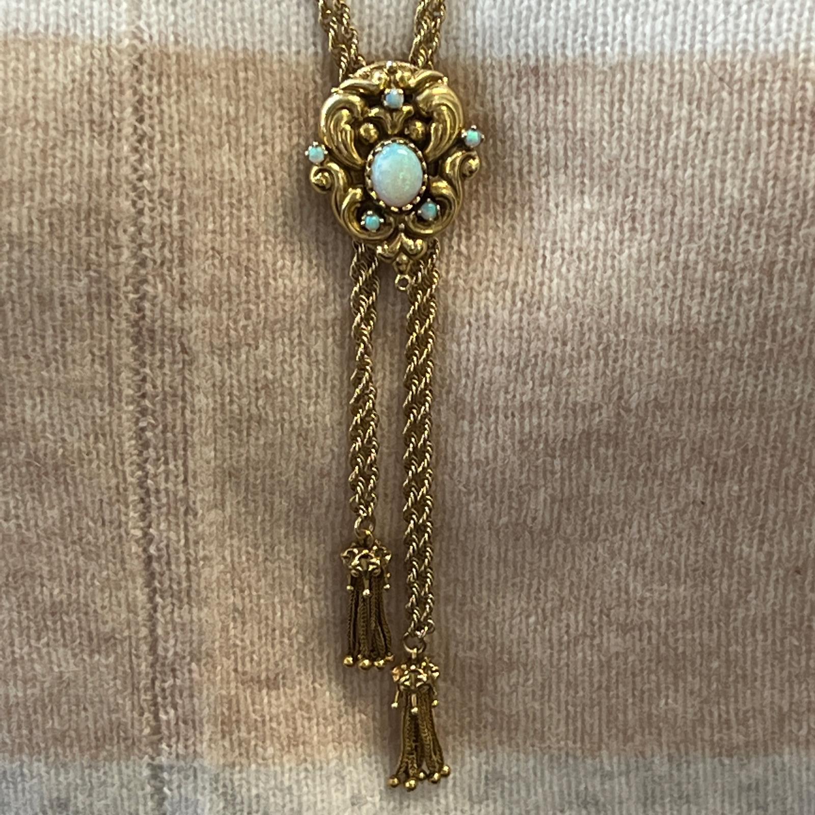 Revival 1950's Tassel Slide Opal 14 Karat Yellow Gold Long Rope Chain Vintage Necklace