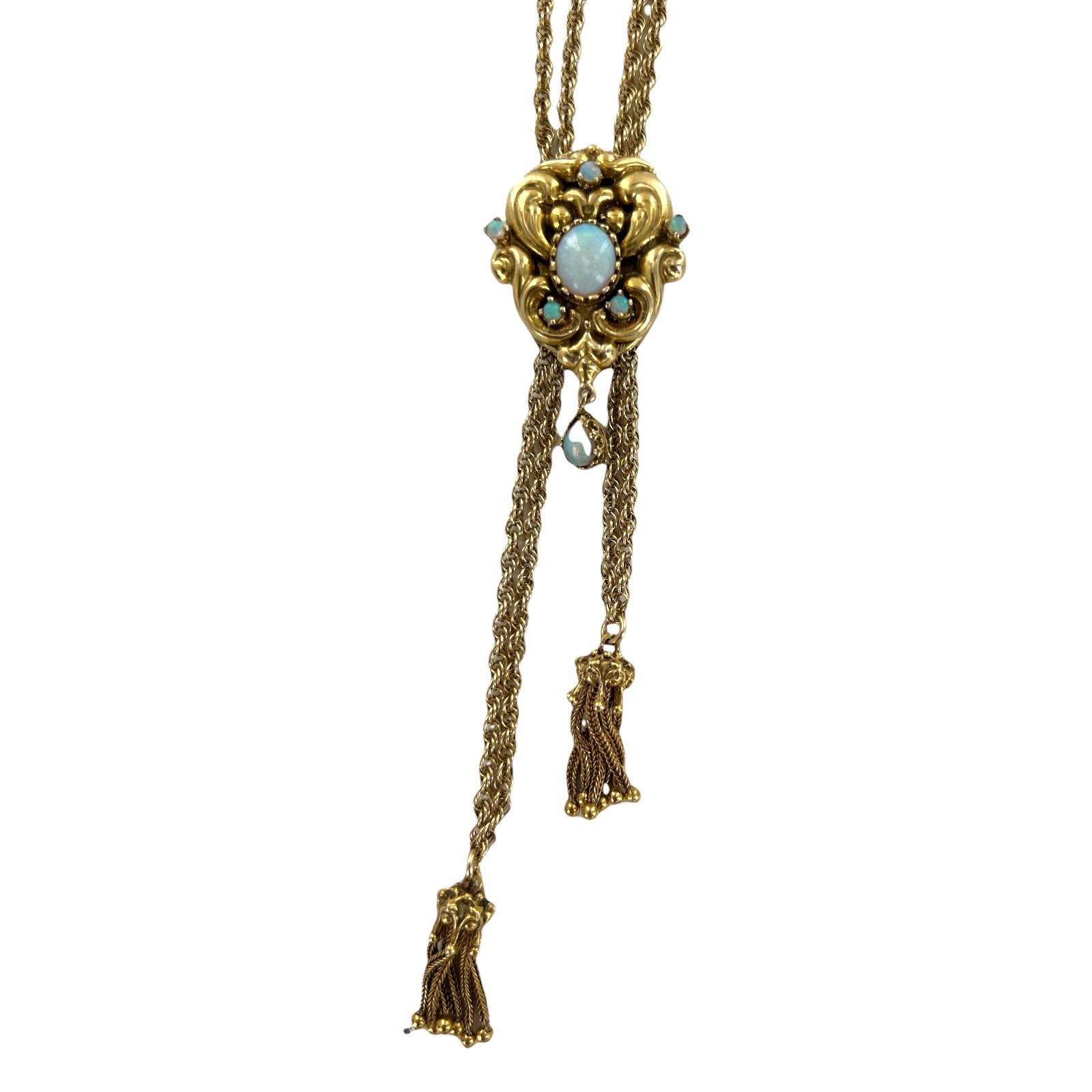 Round Cut 1950's Tassel Slide Opal 14 Karat Yellow Gold Long Rope Chain Vintage Necklace