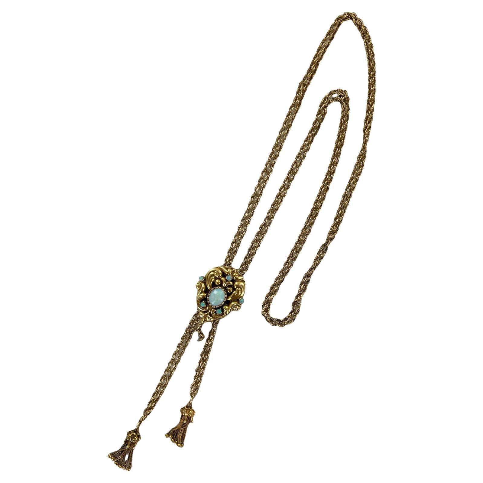 1950's Tassel Slide Opal 14 Karat Yellow Gold Long Rope Chain Vintage Necklace