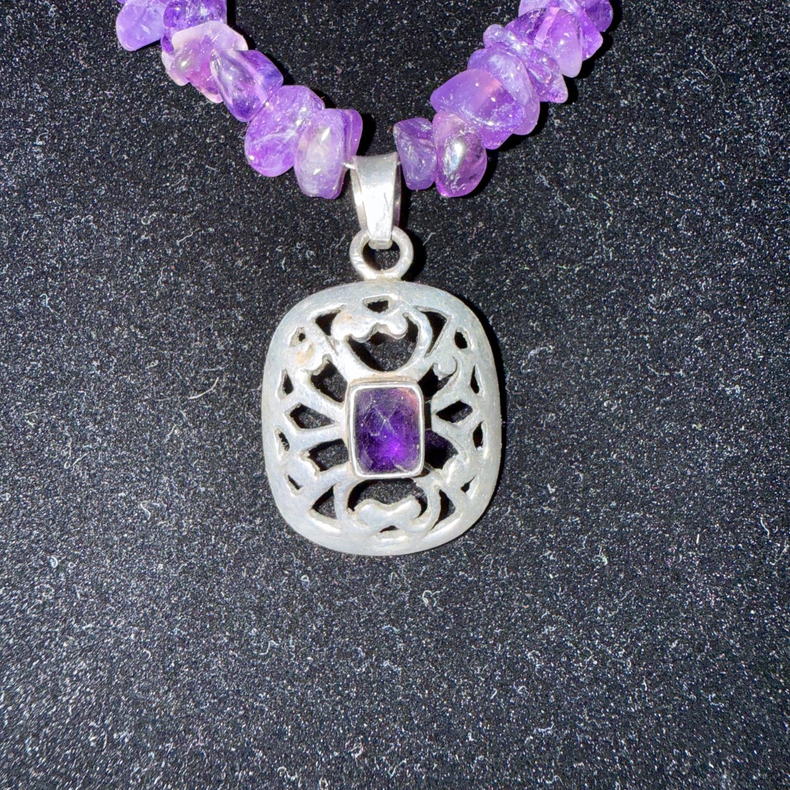 Mexican 1950s Taxco Silver Amethyst Gemstone Beaded Necklace For Sale