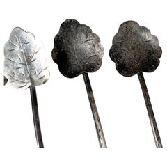 1950s Taxco Mexico Set of 7 Cocktail Bar Long Tea Spoons Sterling Silver Leaf