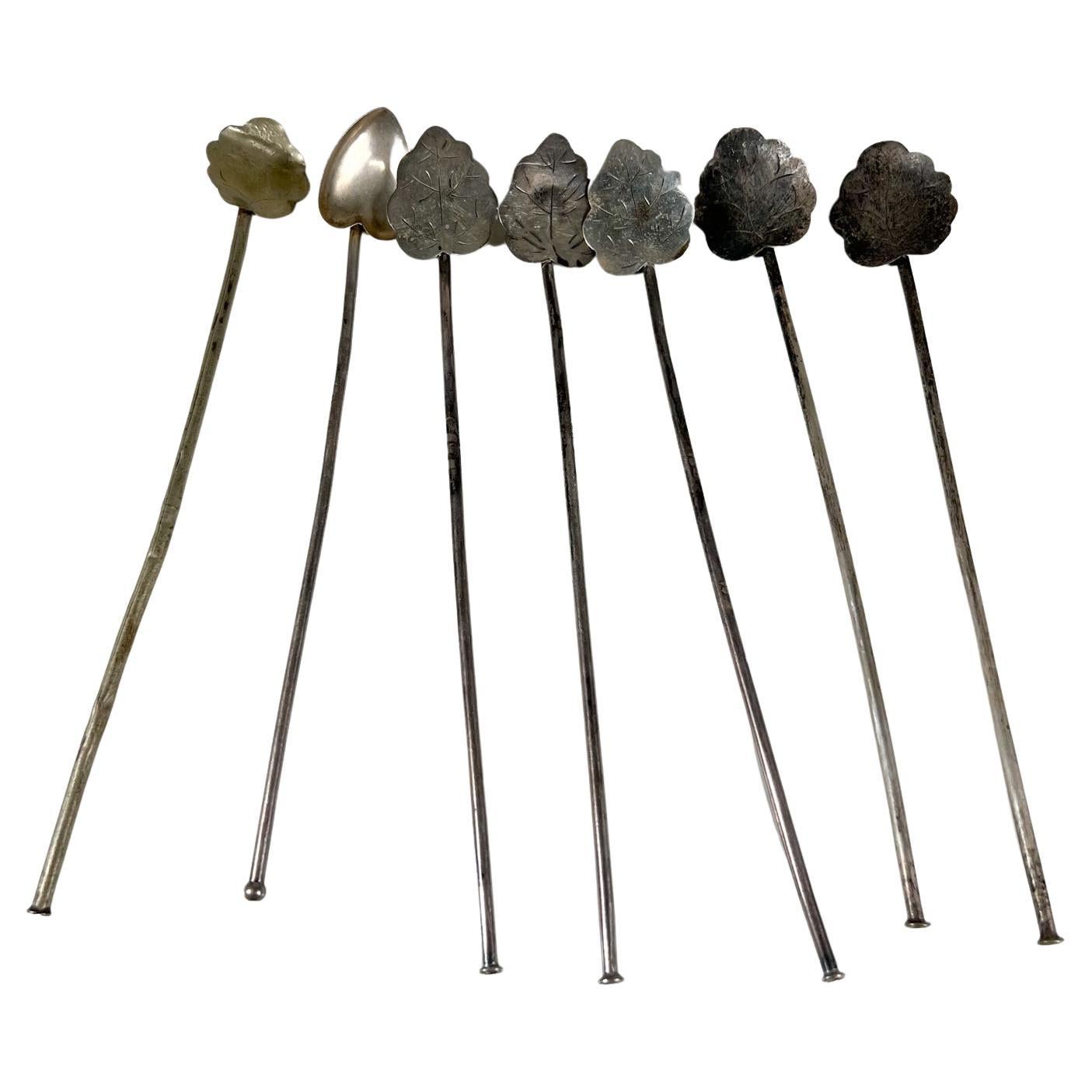 Años 50 Taxco Mexico Juego de 7 Cucharas Largas de Té para Cóctel Hoja de Plata de Ley en venta