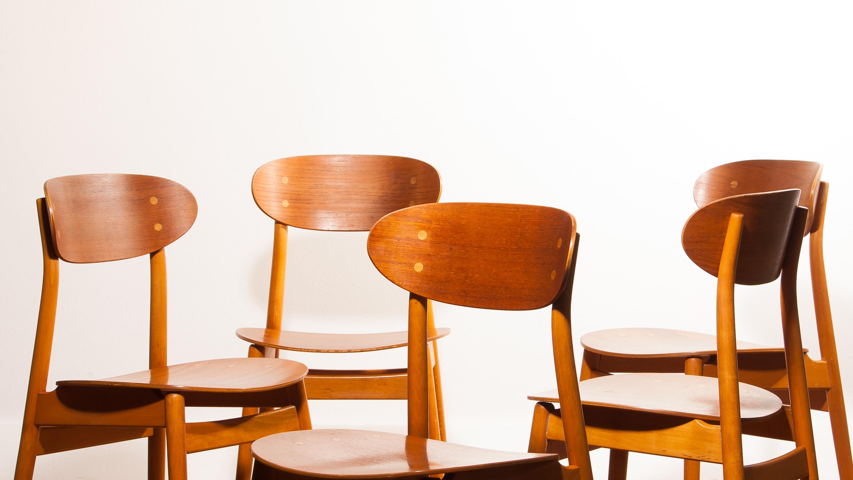 1950s, Teak and Beech Set of Five Dining Chairs Model Eva by Sven Erik Frylund 5