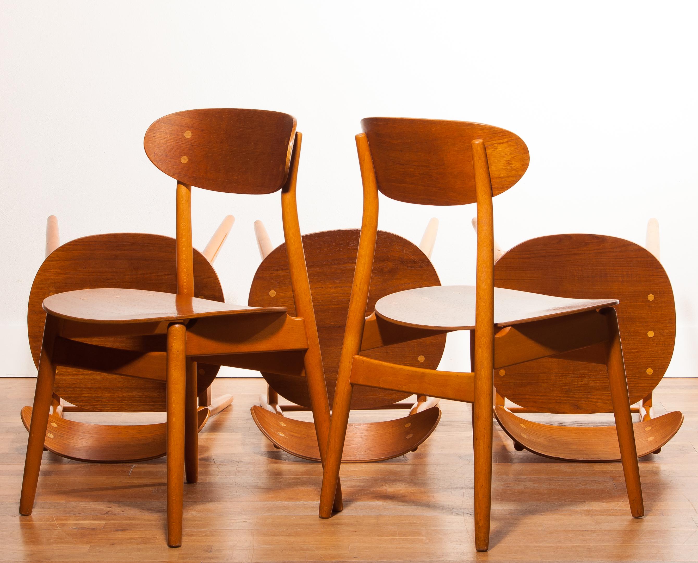 A very nice set of five dining chairs, model Eva, designed by Sven Erik Frylund for Hogafors Stolfabrik, Nässjö Denmark (marked)
The chairs are made of a teak seating and backrest on a beech frame.
They are in a beautiful condition.
Period