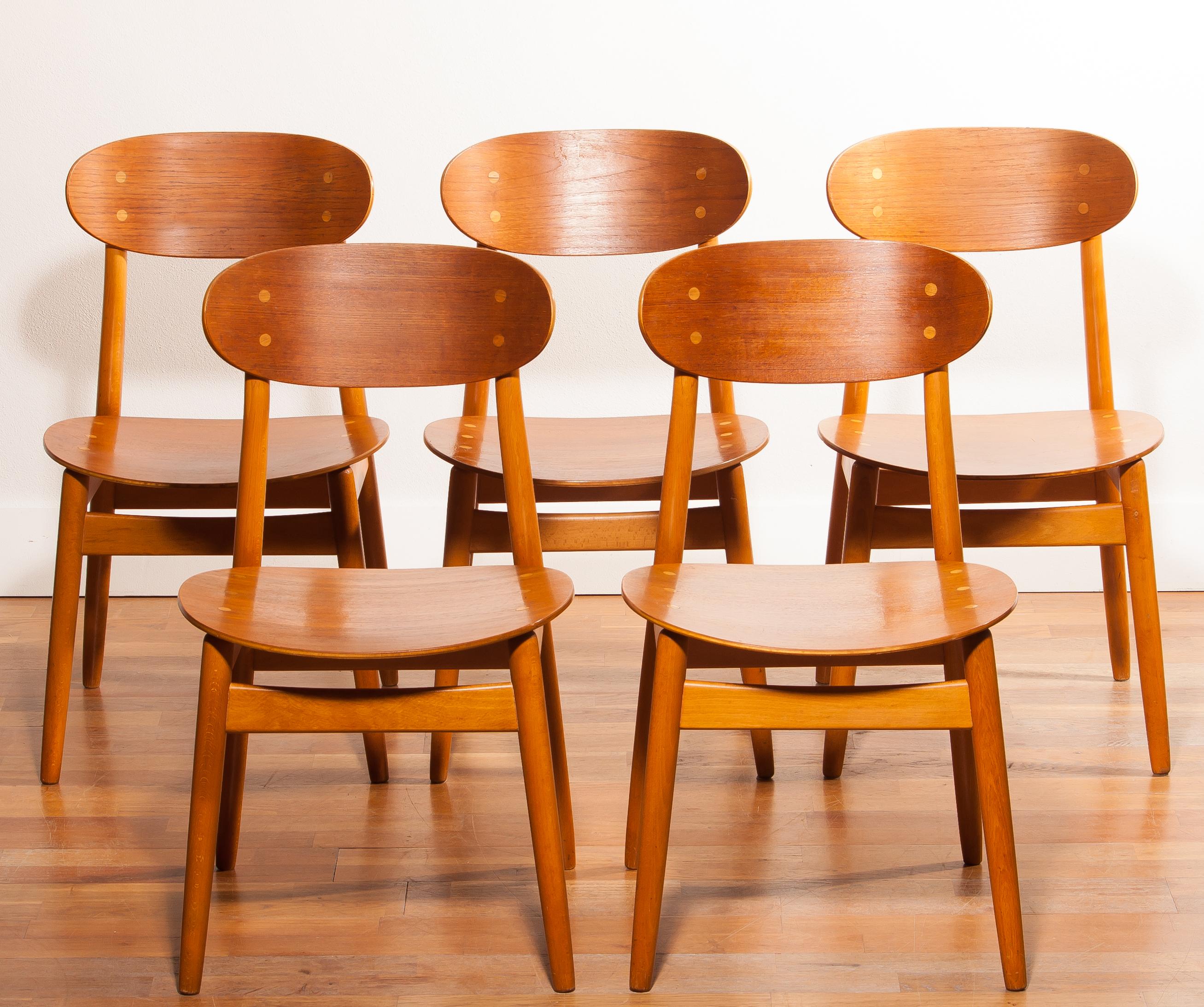 1950s, Teak and Beech Set of Five Dining Chairs Model Eva by Sven Erik Frylund In Excellent Condition In Silvolde, Gelderland