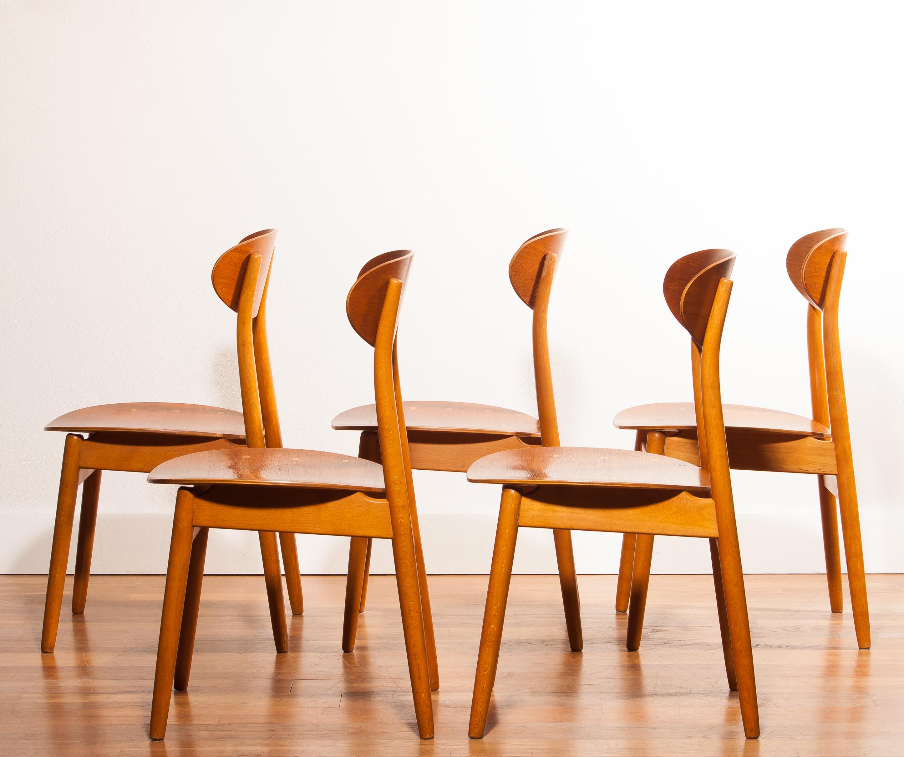 Mid-20th Century 1950s, Teak and Beech Set of Five Dining Chairs Model Eva by Sven Erik Frylund