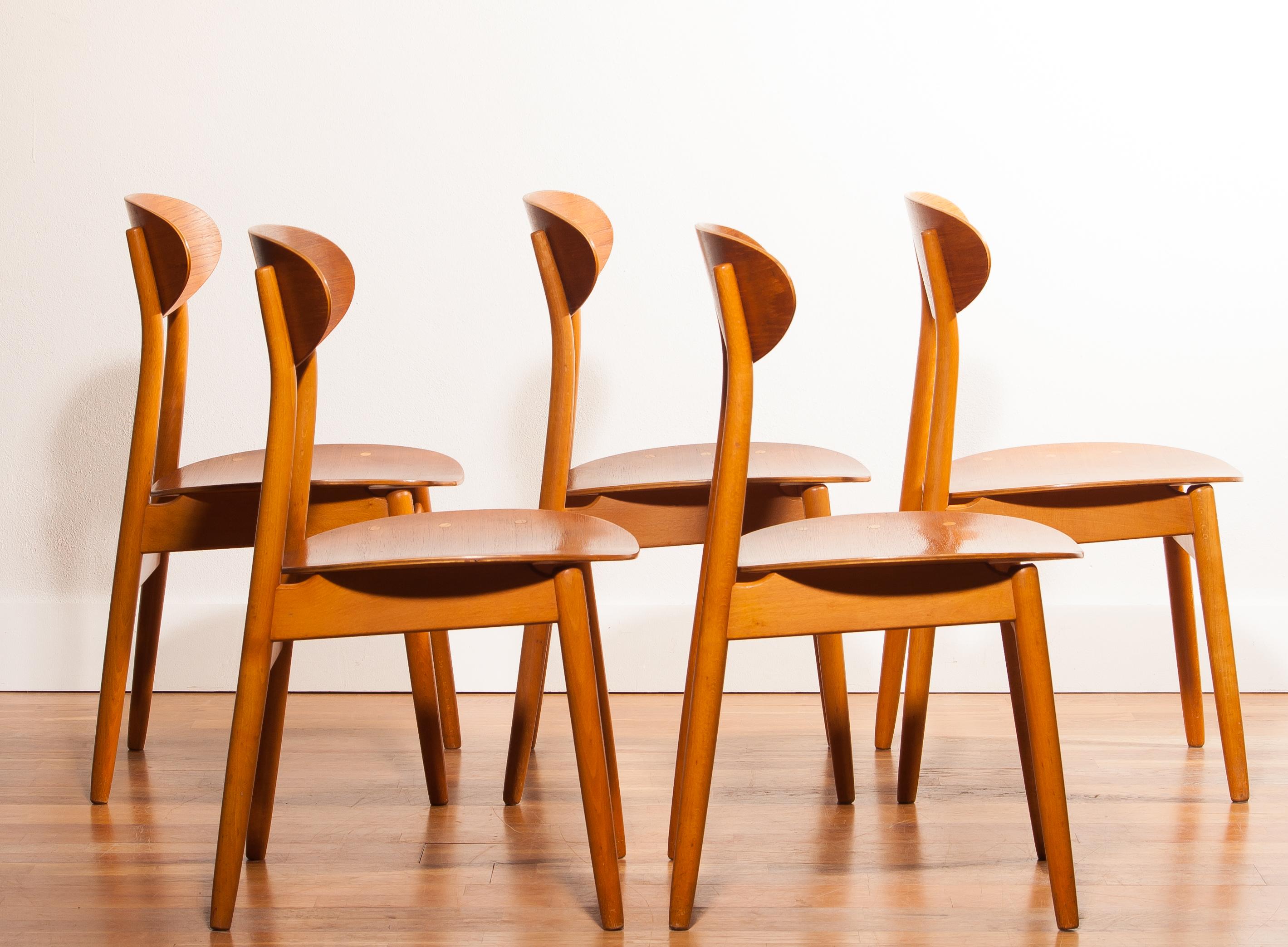 1950s, Teak and Beech Set of Five Dining Chairs Model Eva by Sven Erik Frylund 1