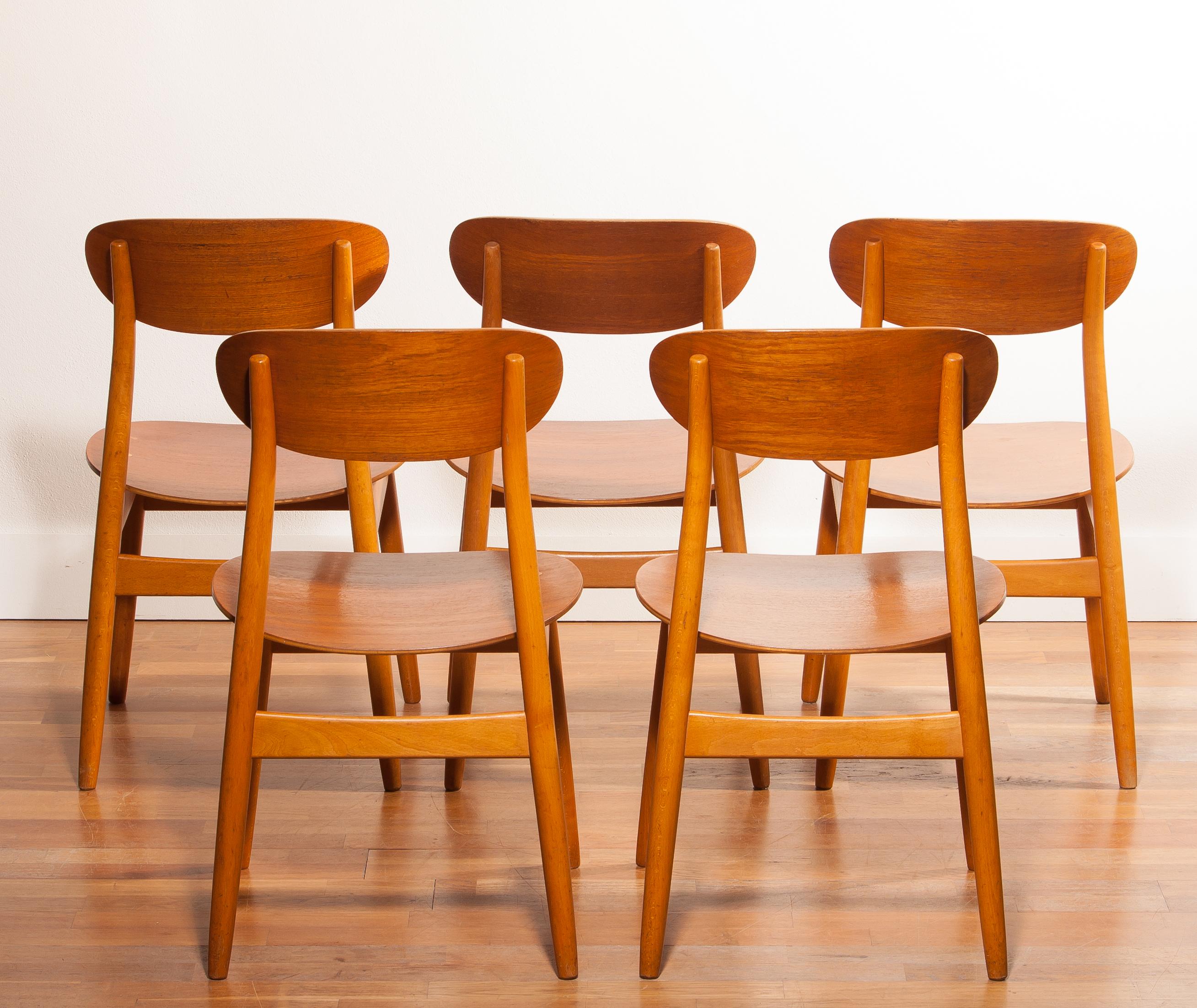 1950s, Teak and Beech Set of Five Dining Chairs Model Eva by Sven Erik Frylund 2