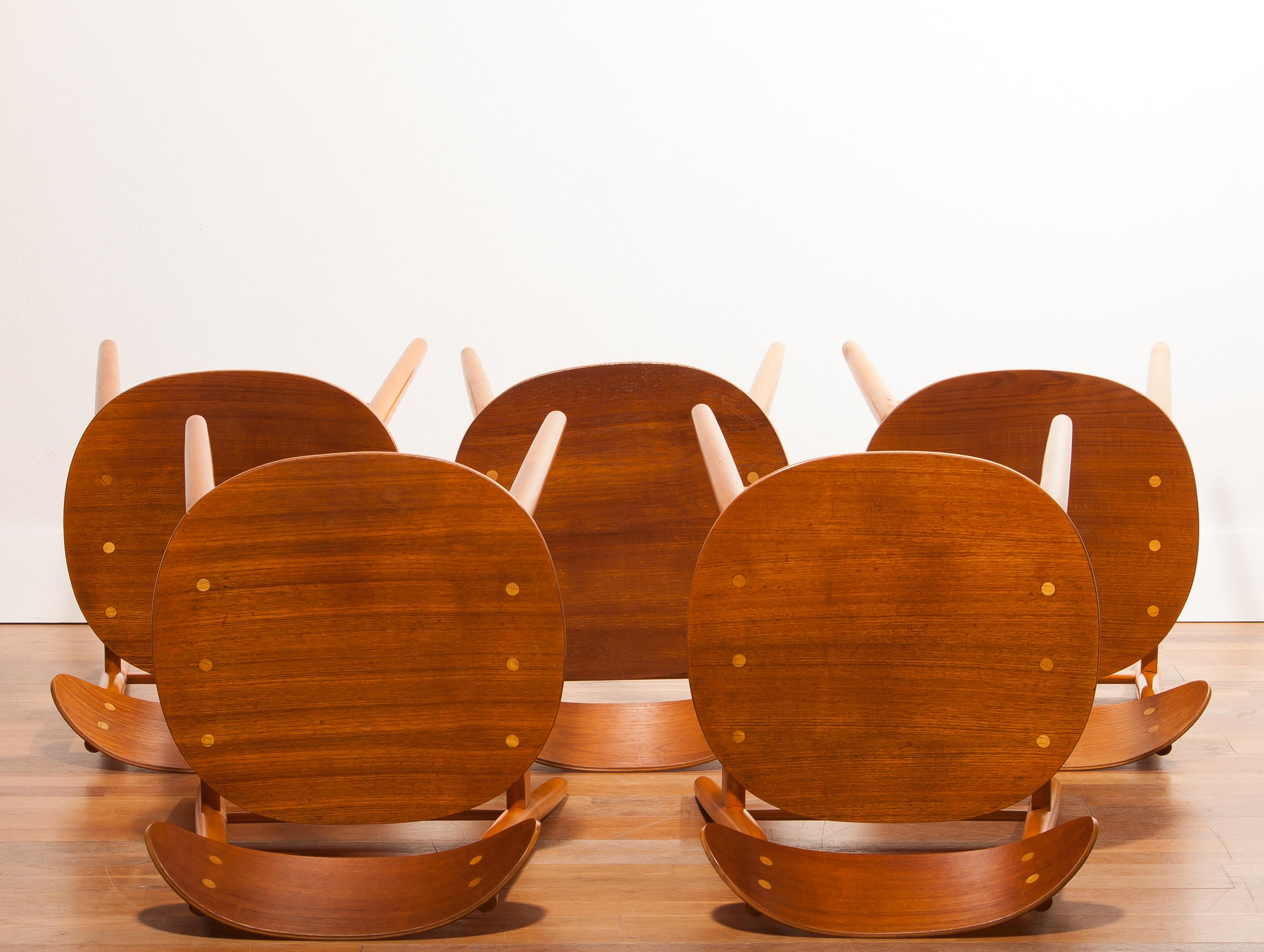 1950s, Teak and Beech Set of Five Dining Chairs Model Eva by Sven Erik Frylund 4