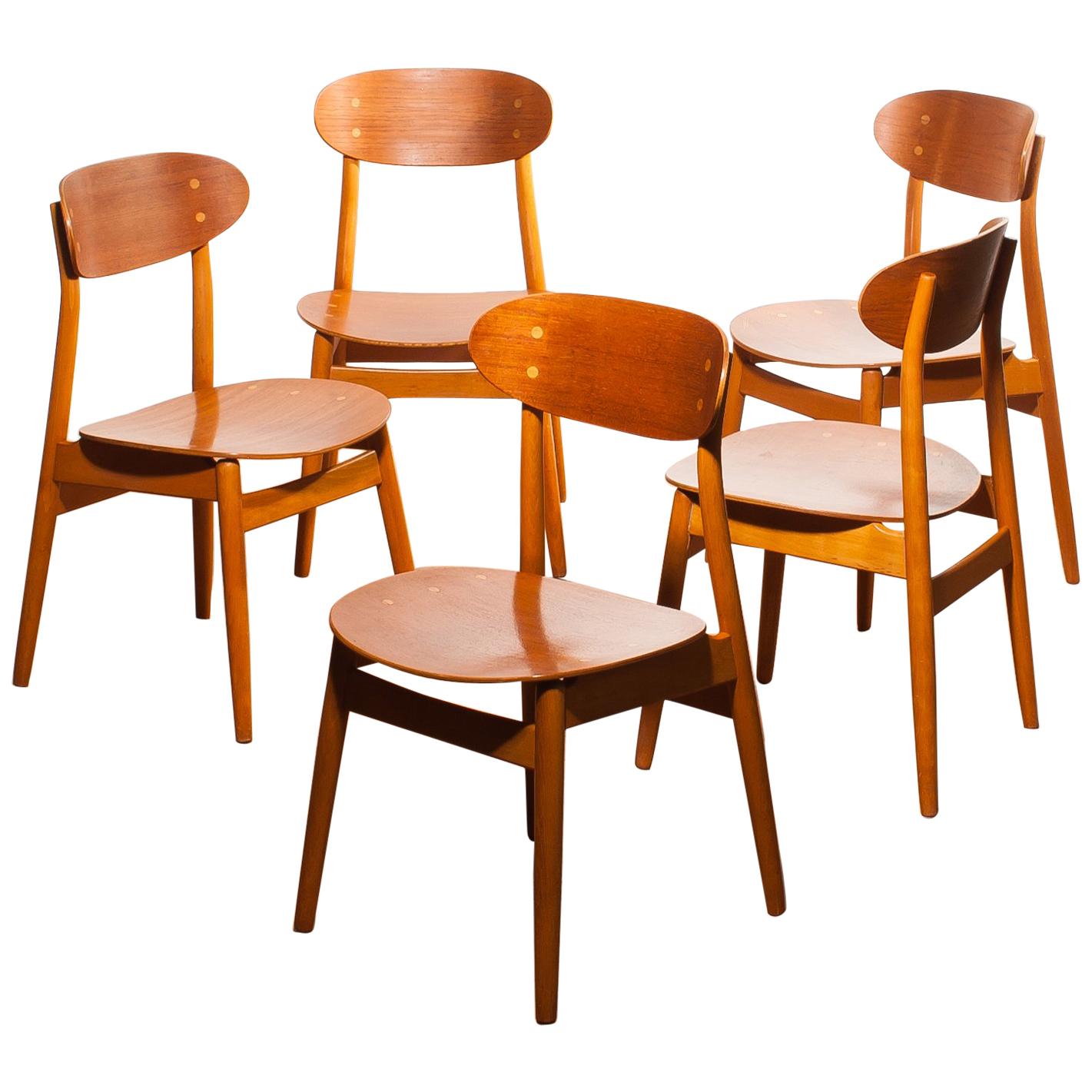 1950s, Teak and Beech Set of Five Dining Chairs Model Eva by Sven Erik Frylund