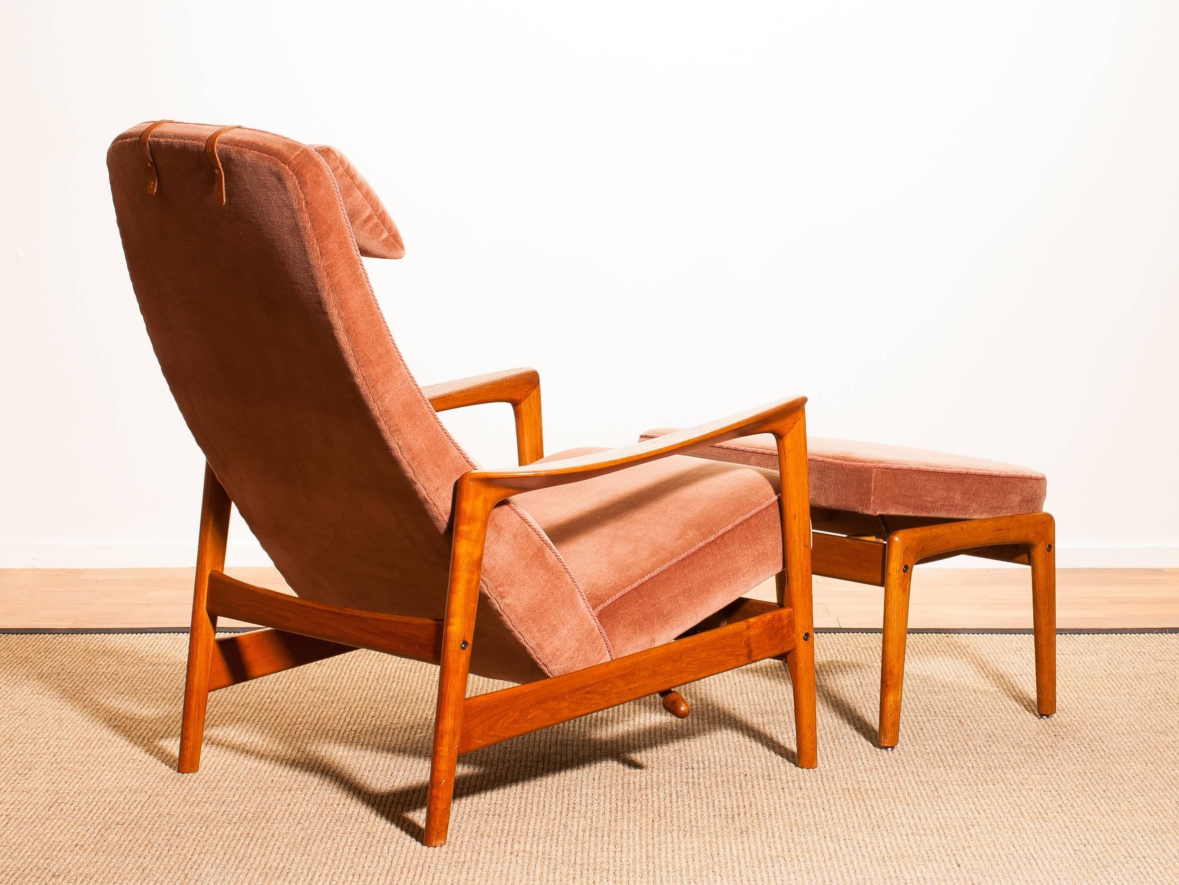 Mid-Century Modern 1950s, Teak and Velours Rocking Chair and Ottoman by Folke Ohlsson for DUX