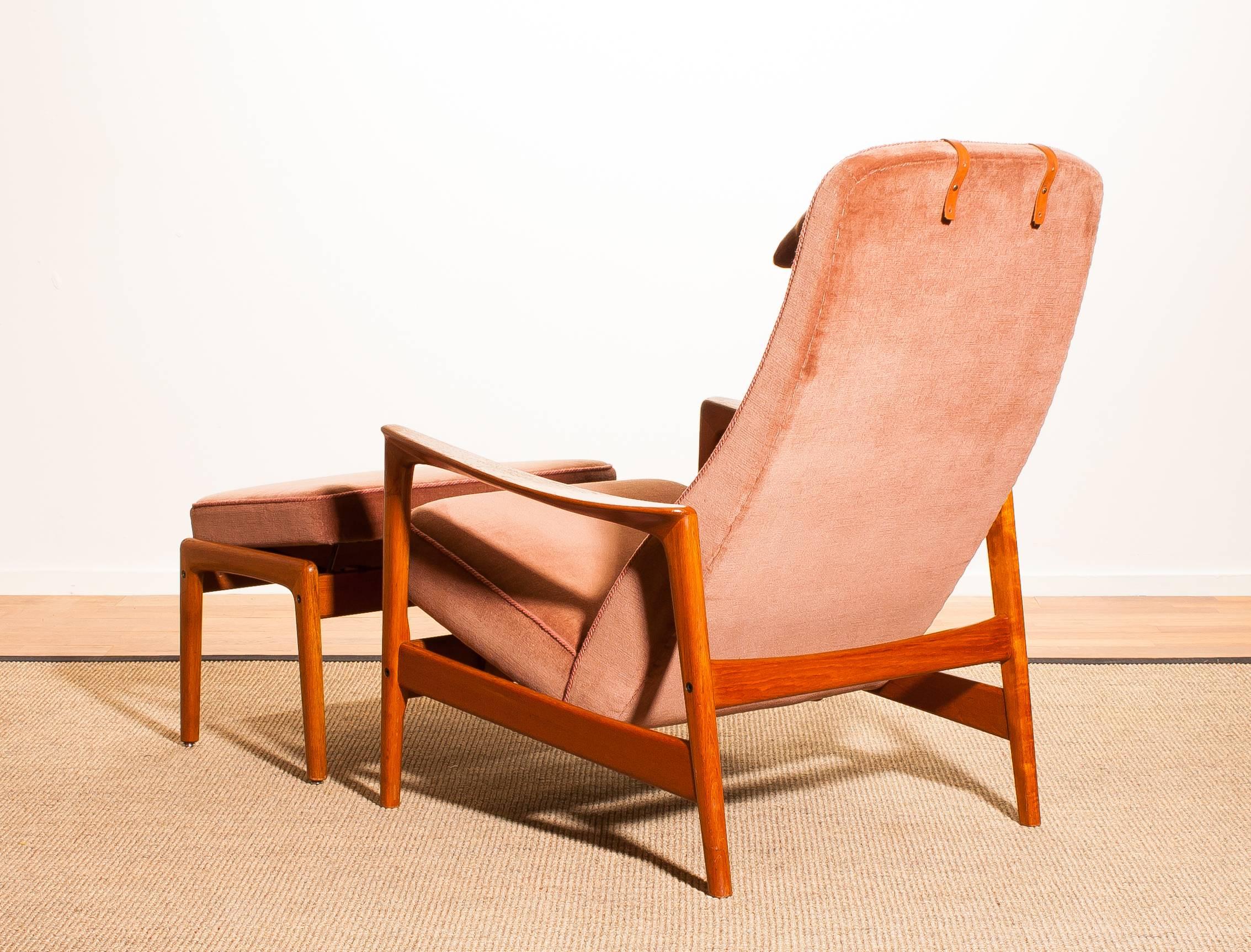 Swedish 1950s, Teak and Velours Rocking Chair and Ottoman by Folke Ohlsson for DUX