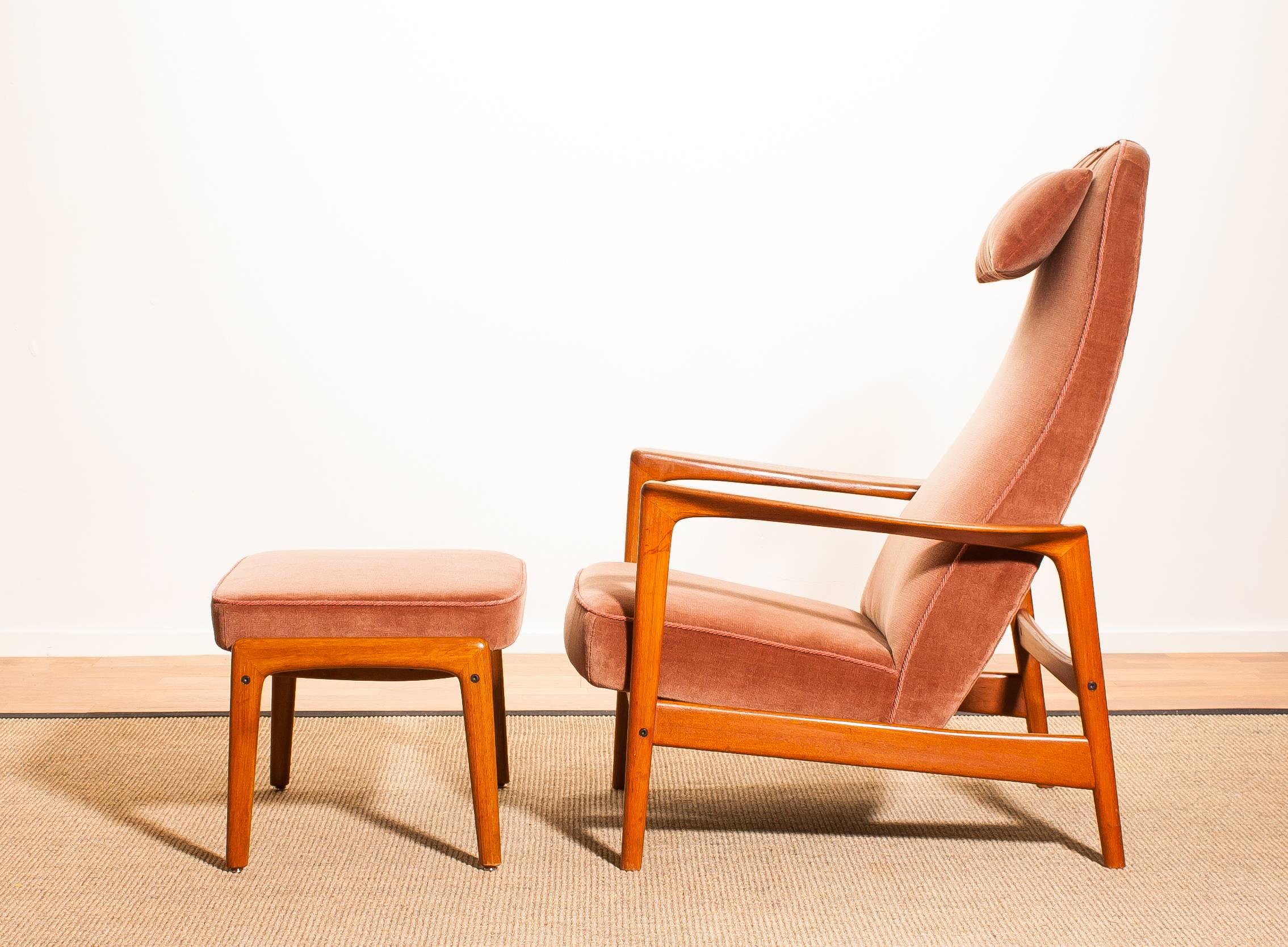 Mid-20th Century 1950s, Teak and Velours Rocking Chair and Ottoman by Folke Ohlsson for DUX