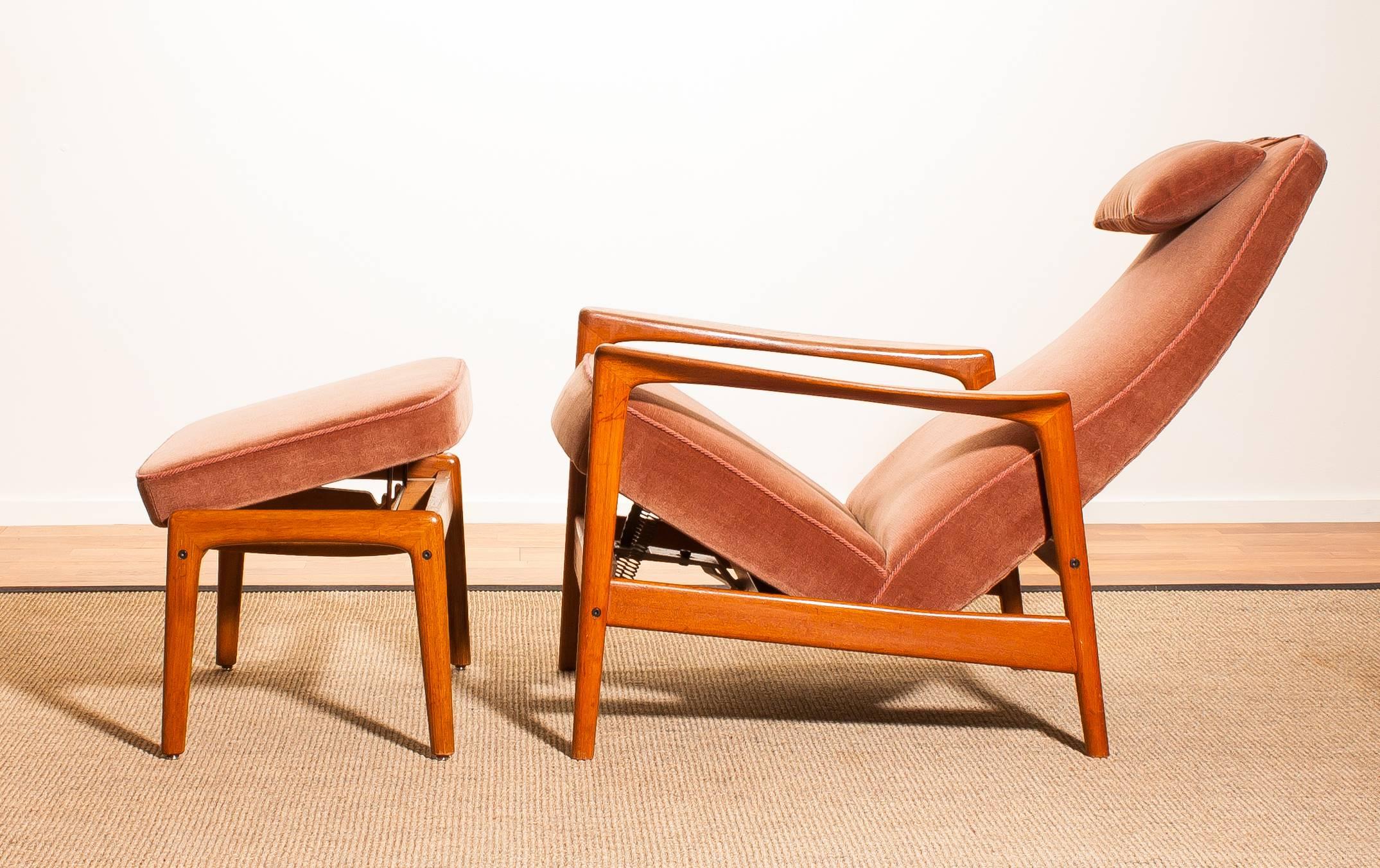 1950s, Teak and Velours Rocking Chair and Ottoman by Folke Ohlsson for DUX 1